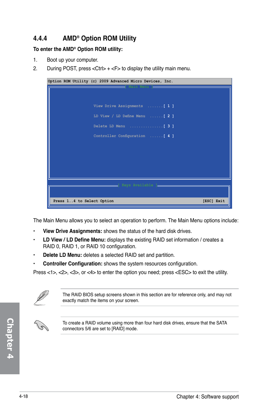 4 amd® option rom utility, Option rom utility -18, Chapter 4 | 4 amd, Option rom utility | Asus A88X-PRO User Manual | Page 127 / 141