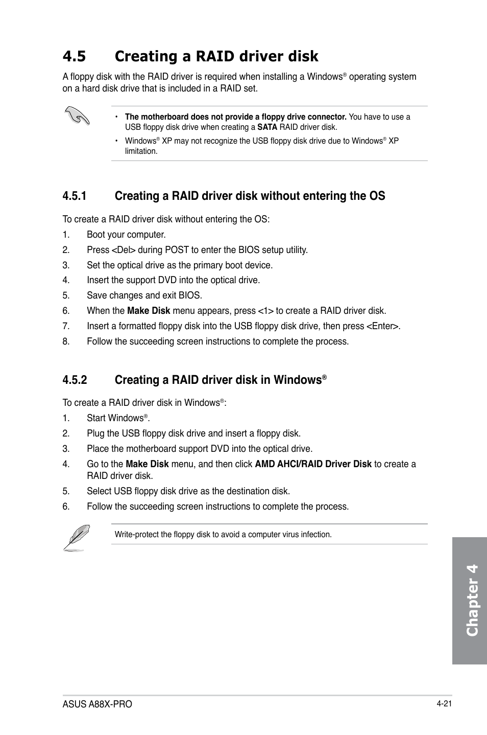 5 creating a raid driver disk, 2 creating a raid driver disk in windows, Creating a raid driver disk -21 4.5.1 | Creating a raid driver disk in windows, Chapter 4 4.5 creating a raid driver disk | Asus A88X-PRO User Manual | Page 130 / 141