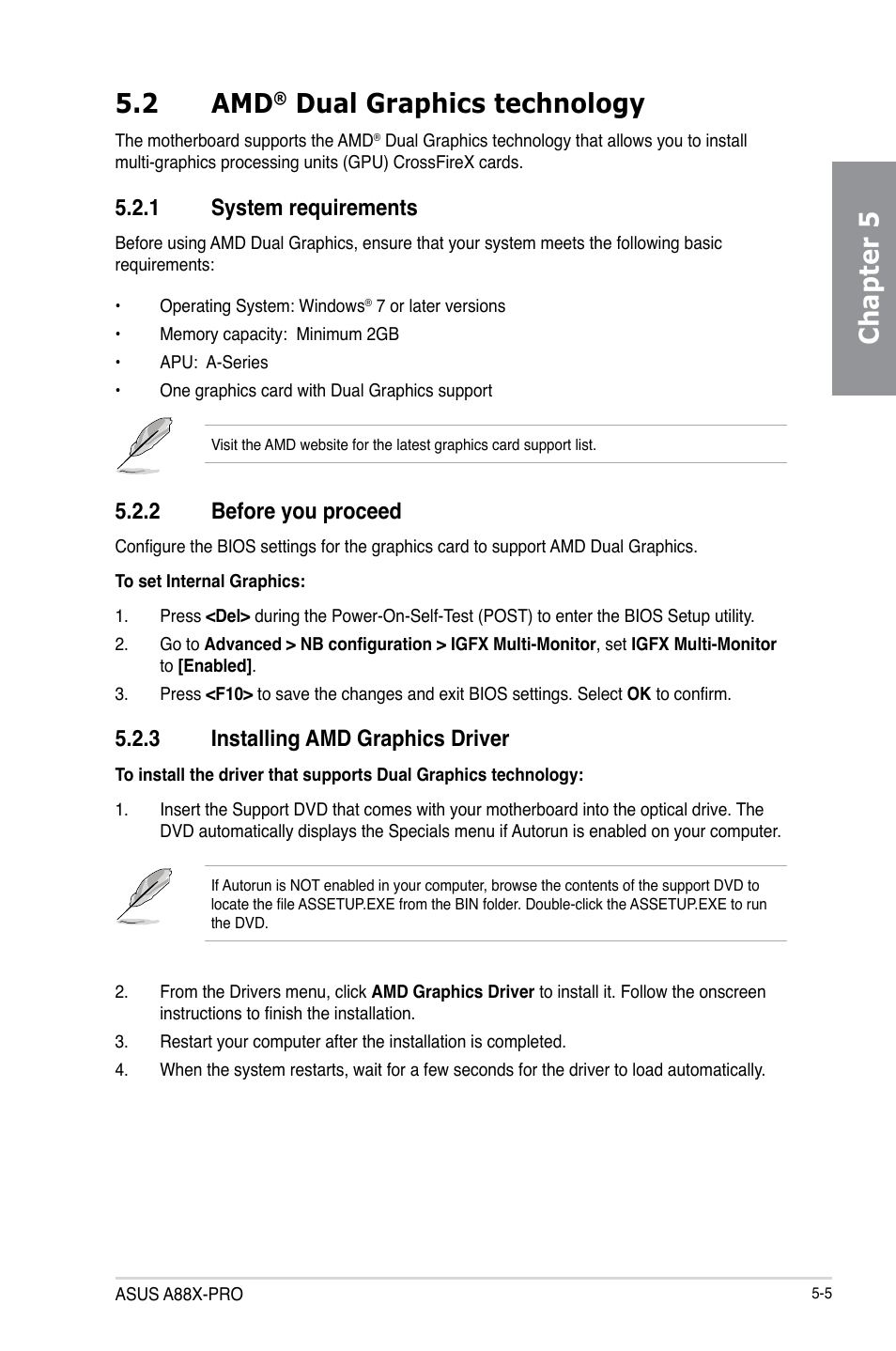 2 amd® dual graphics technology, 1 system requirements, 2 before you proceed | 3 installing amd graphics driver, Dual graphics technology -5, System requirements -5, Before you proceed -5, Installing amd graphics driver -5, Chapter 5 5.2 amd, Dual graphics technology | Asus A88X-PRO User Manual | Page 136 / 141