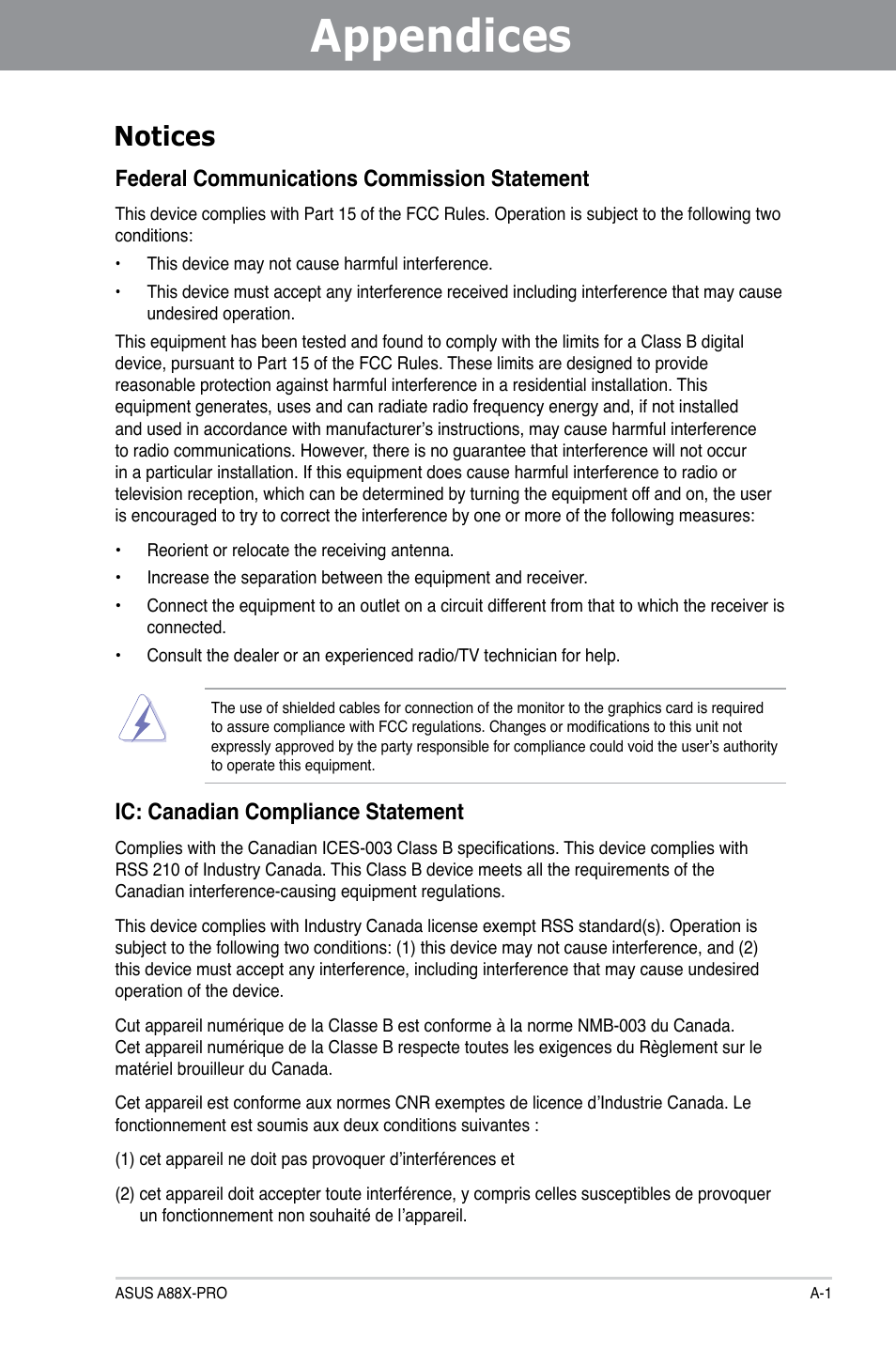 Appendices, Notices, Federal communications commission statement | Ic: canadian compliance statement | Asus A88X-PRO User Manual | Page 138 / 141