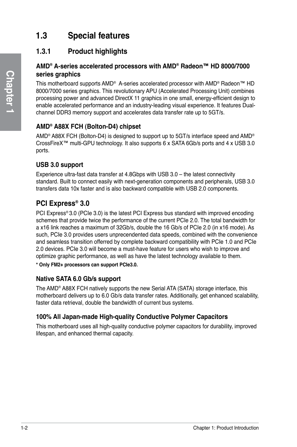 3 special features, 1 product highlights, Special features -2 1.3.1 | Product highlights -2, Chapter 1, Pci express | Asus A88X-PRO User Manual | Page 14 / 141