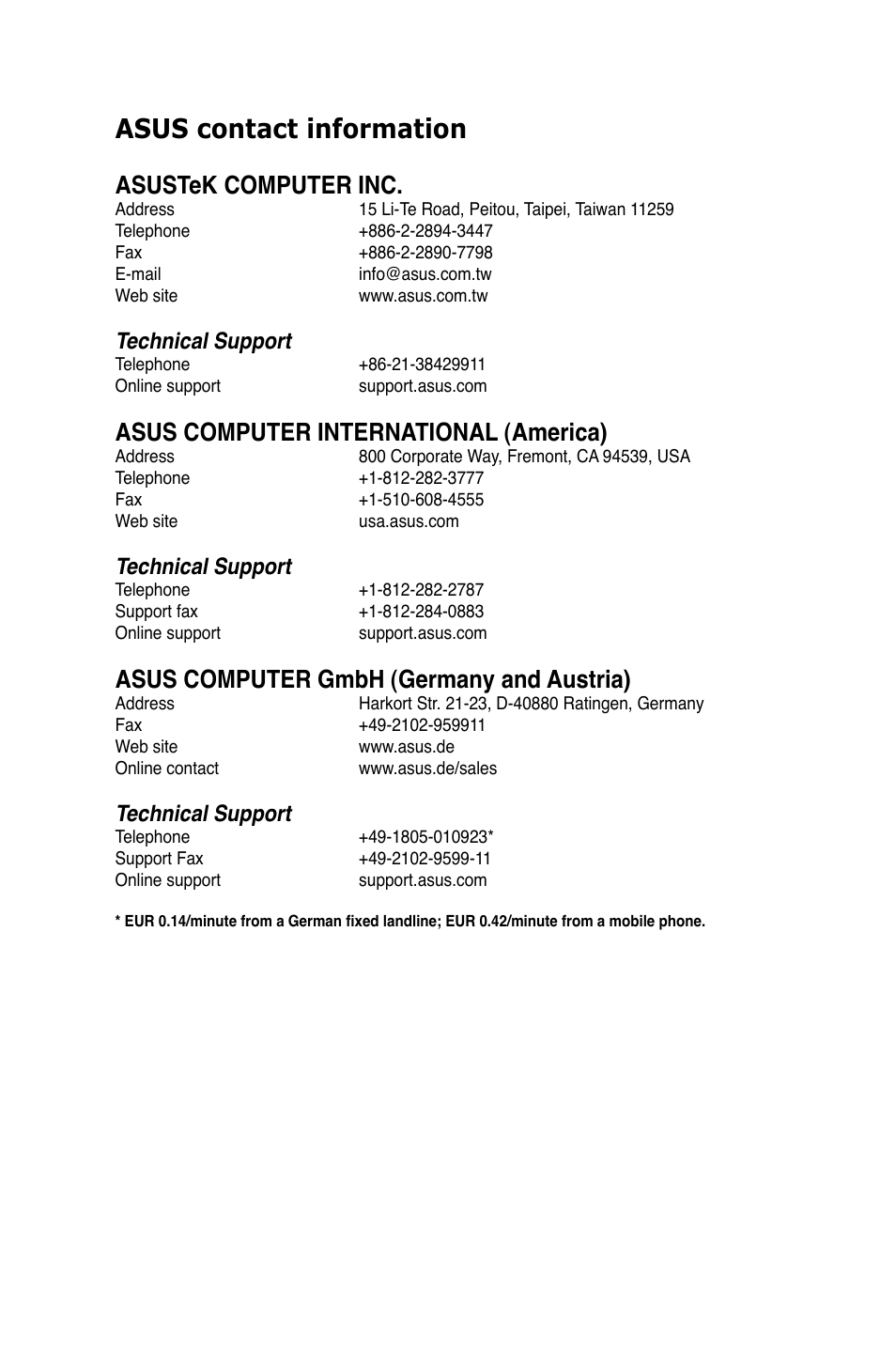 Asus contact information, Asustek computer inc, Asus computer international (america) | Asus computer gmbh (germany and austria), Technical support | Asus A88X-PRO User Manual | Page 140 / 141