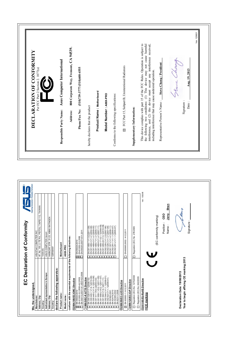 Declaration of conformity, Ec declaration of conformity, Asu s c om pu te r in te rn at io na l | Address: 800 corporate way, fremont, M od el n um be r | Asus A88X-PRO User Manual | Page 141 / 141