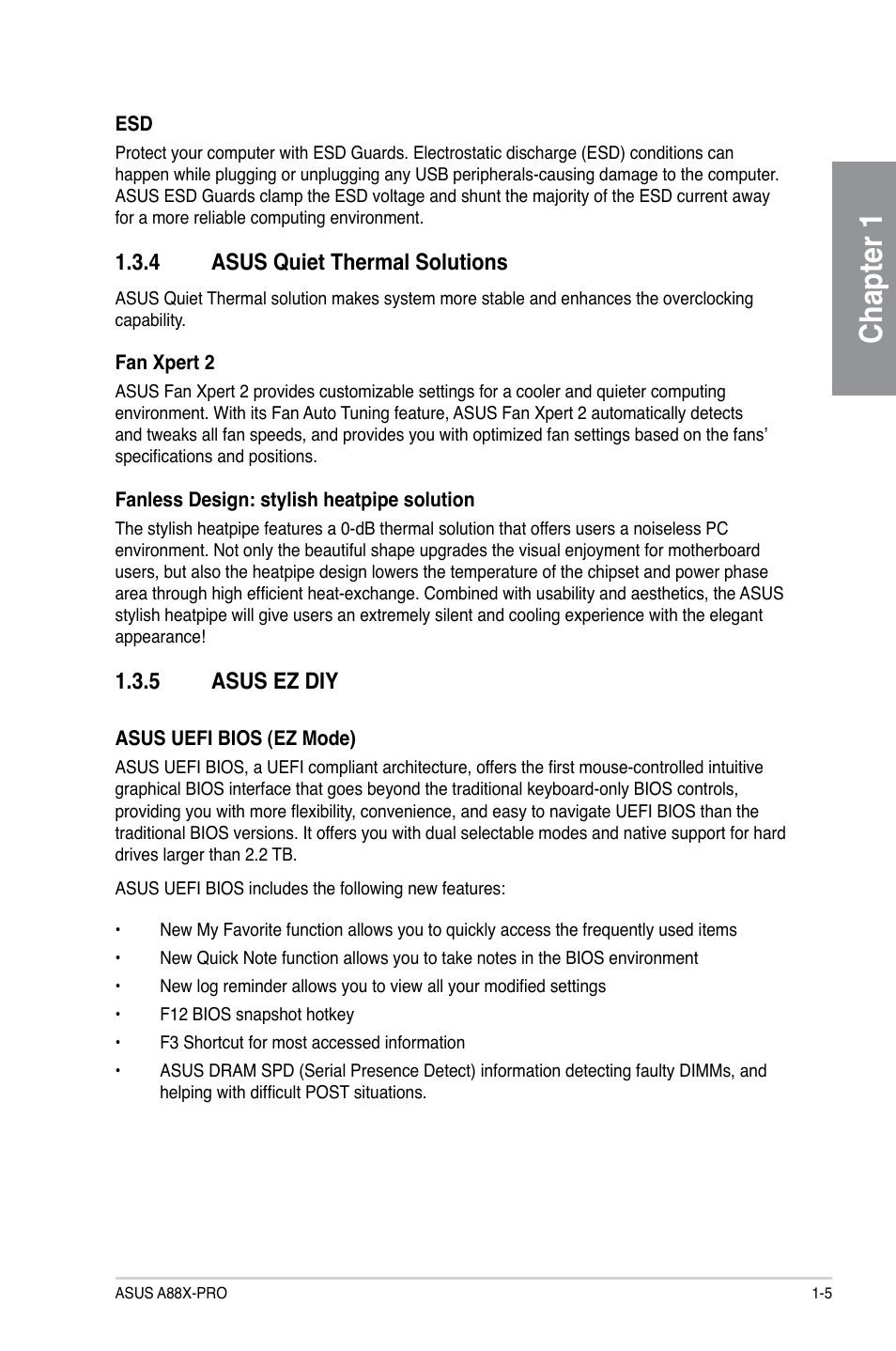 4 asus quiet thermal solutions, 5 asus ez diy, Asus quiet thermal solutions -5 | Asus ez diy -5, Chapter 1 | Asus A88X-PRO User Manual | Page 17 / 141