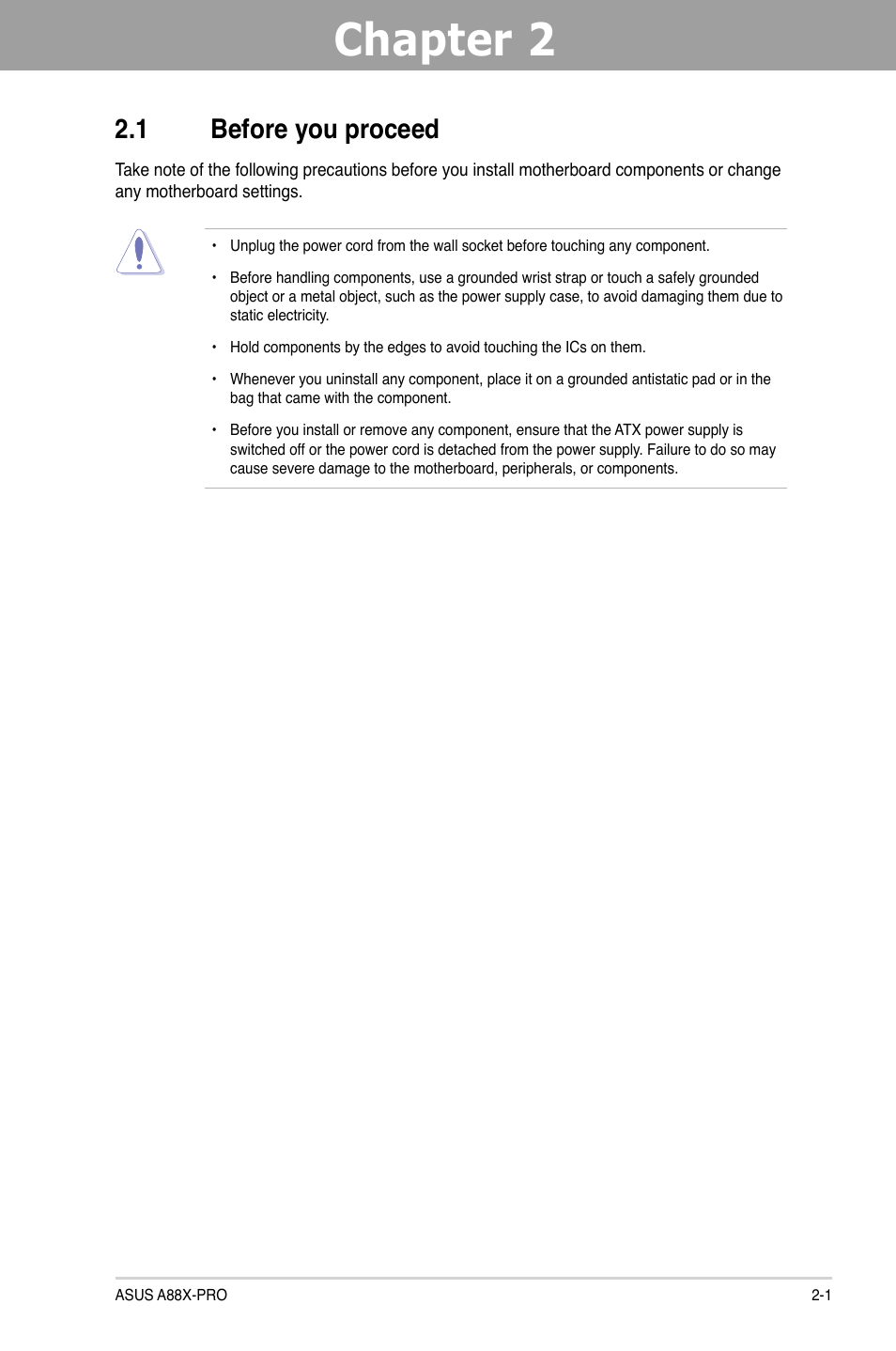 Chapter 2: hardware information, 1 before you proceed, Chapter 2 | Hardware information, Before you proceed -1 | Asus A88X-PRO User Manual | Page 21 / 141