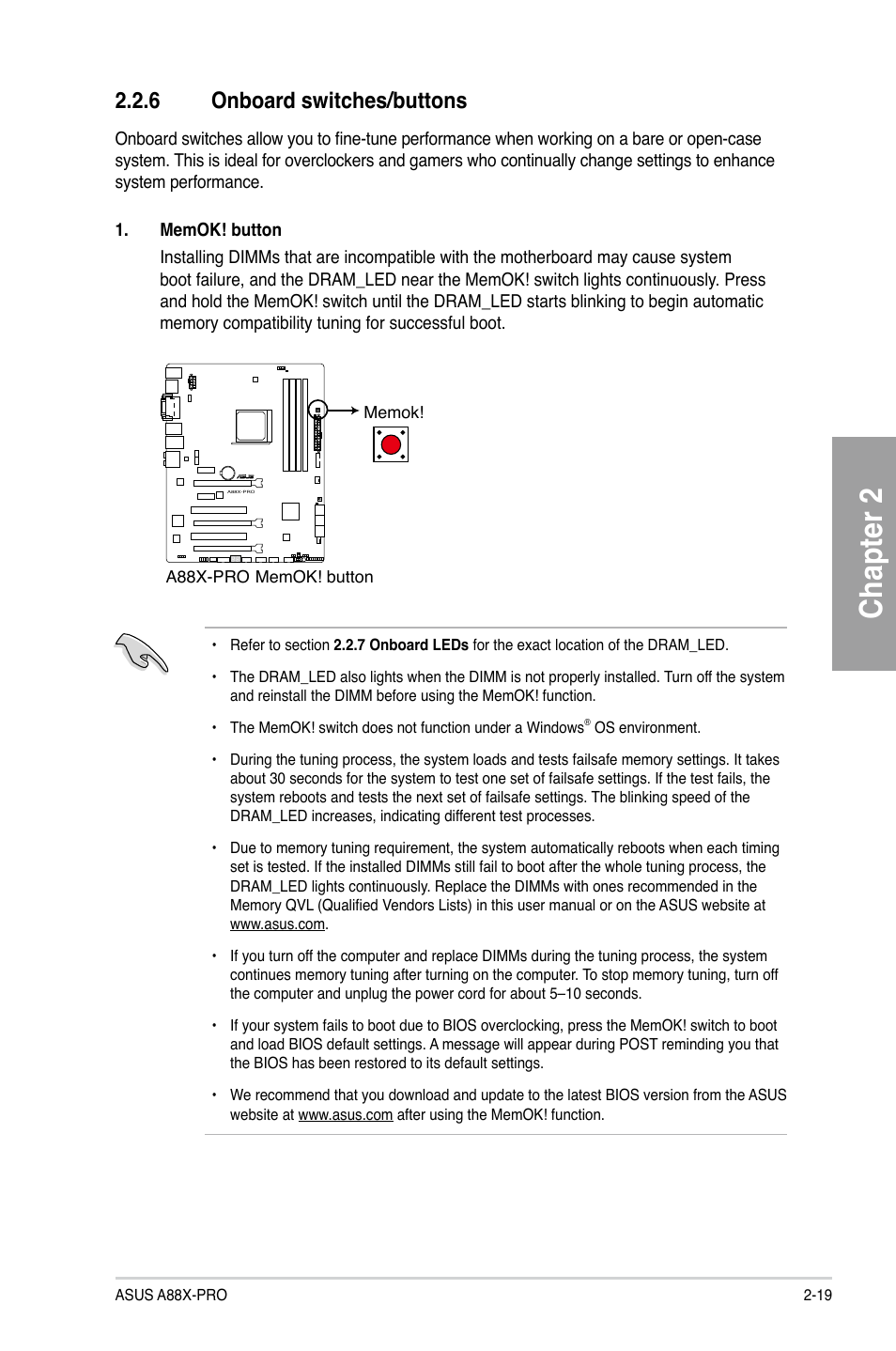 6 onboard switches/buttons, Onboard switches/buttons -19, Chapter 2 | Asus A88X-PRO User Manual | Page 39 / 141