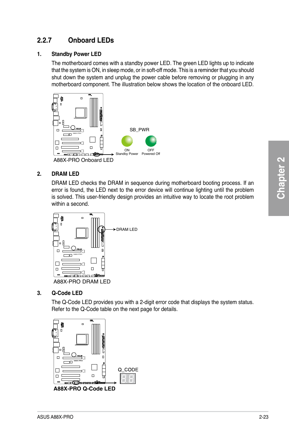 7 onboard leds, Onboard leds -23, Chapter 2 | Asus A88X-PRO User Manual | Page 43 / 141