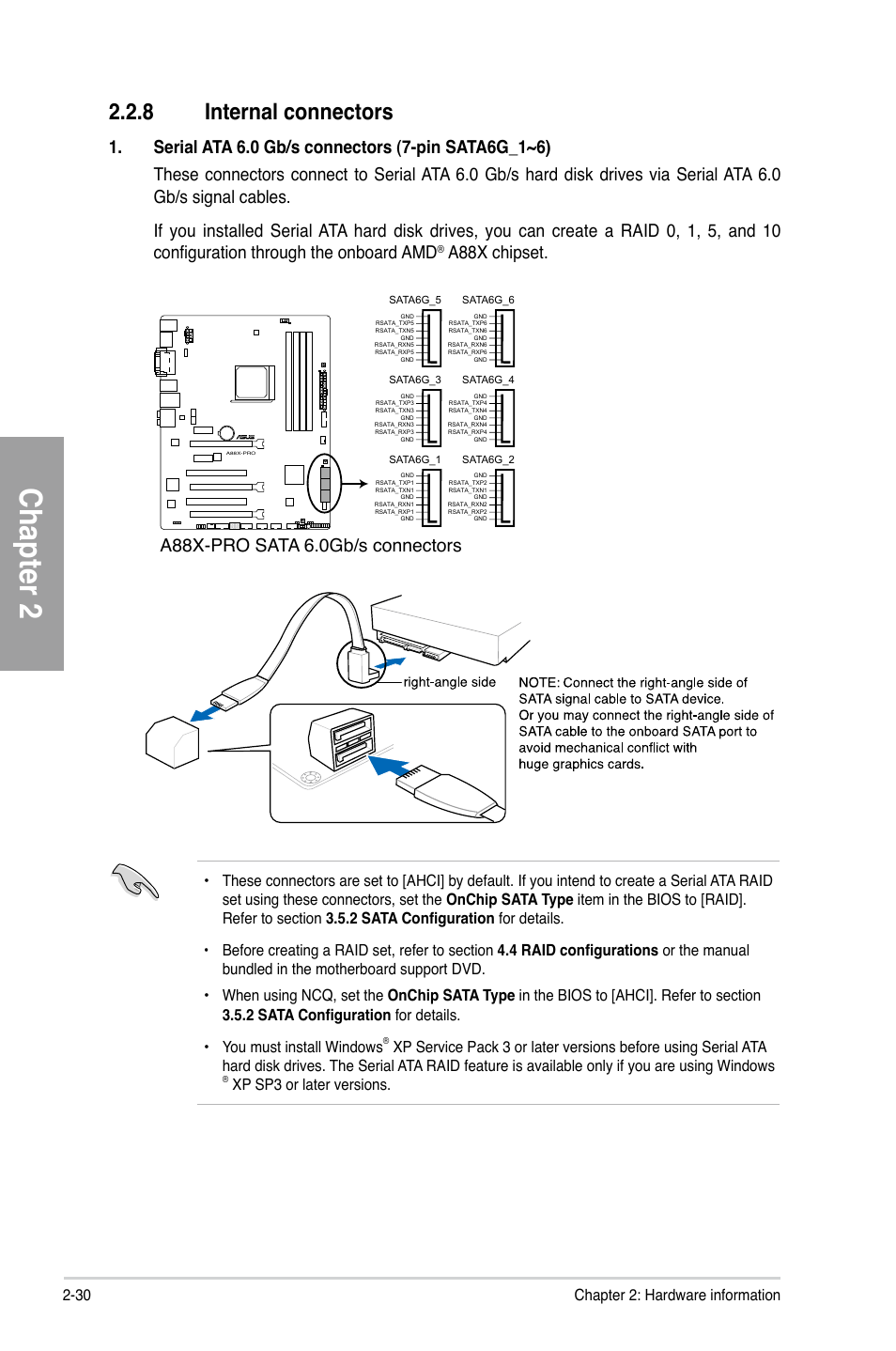 8 internal connectors, Internal connectors -30, Chapter 2 | A88x chipset, A88x-pro sata 6.0gb/s connectors, 30 chapter 2: hardware information, Xp sp3 or later versions | Asus A88X-PRO User Manual | Page 50 / 141