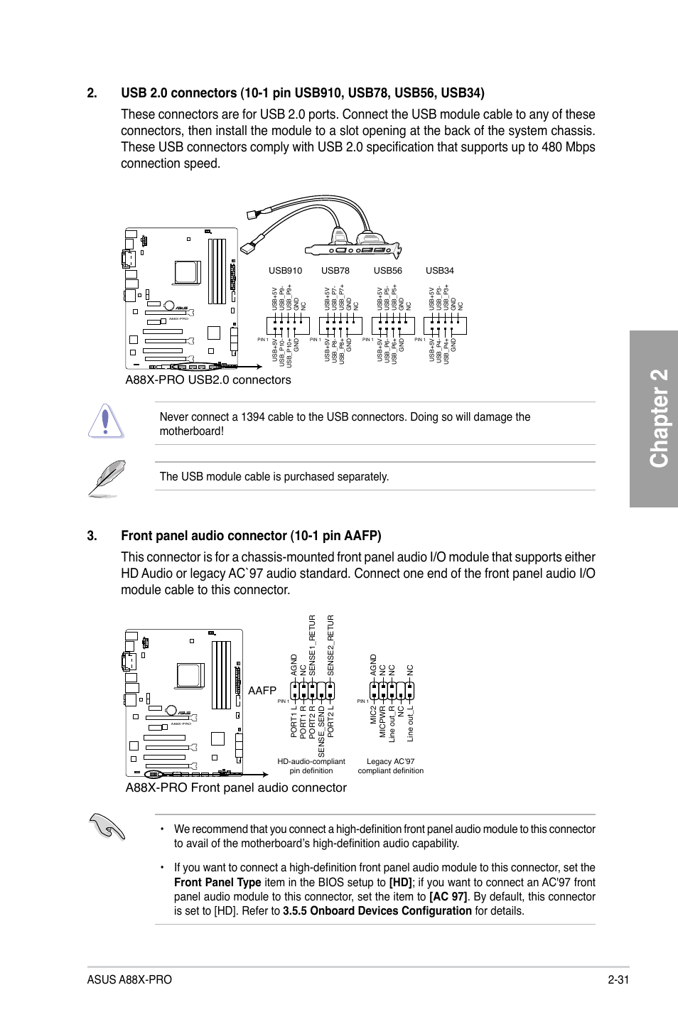 Chapter 2, A88x-pro front panel audio connector, A88x-pro usb2.0 connectors | Asus A88X-PRO User Manual | Page 51 / 141