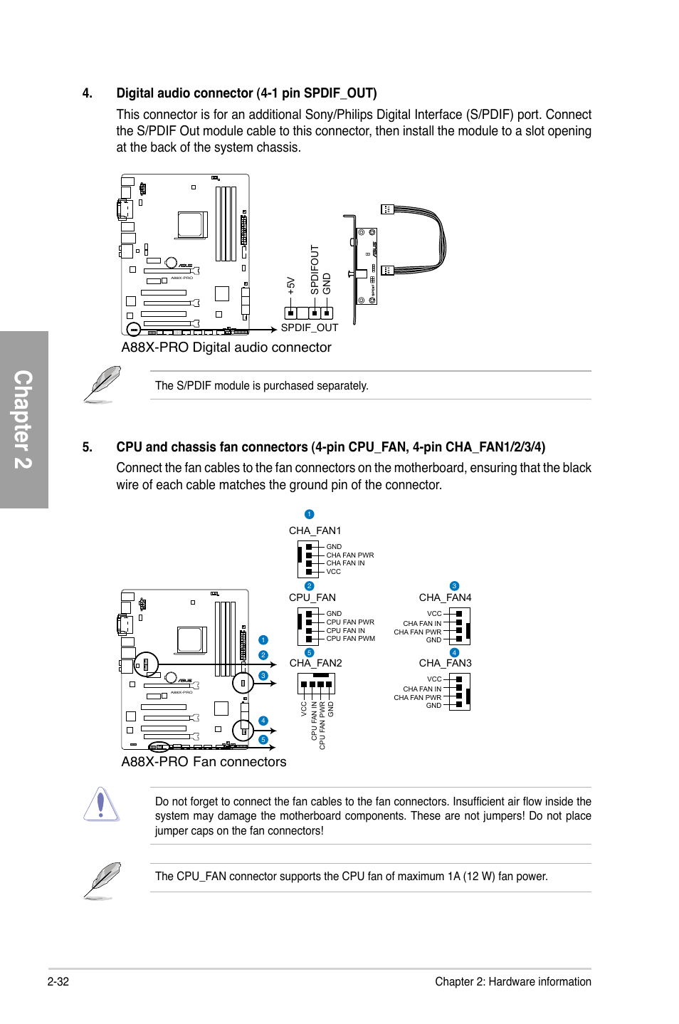 Chapter 2, A88x-pro digital audio connector, A88x-pro fan connectors | Asus A88X-PRO User Manual | Page 52 / 141
