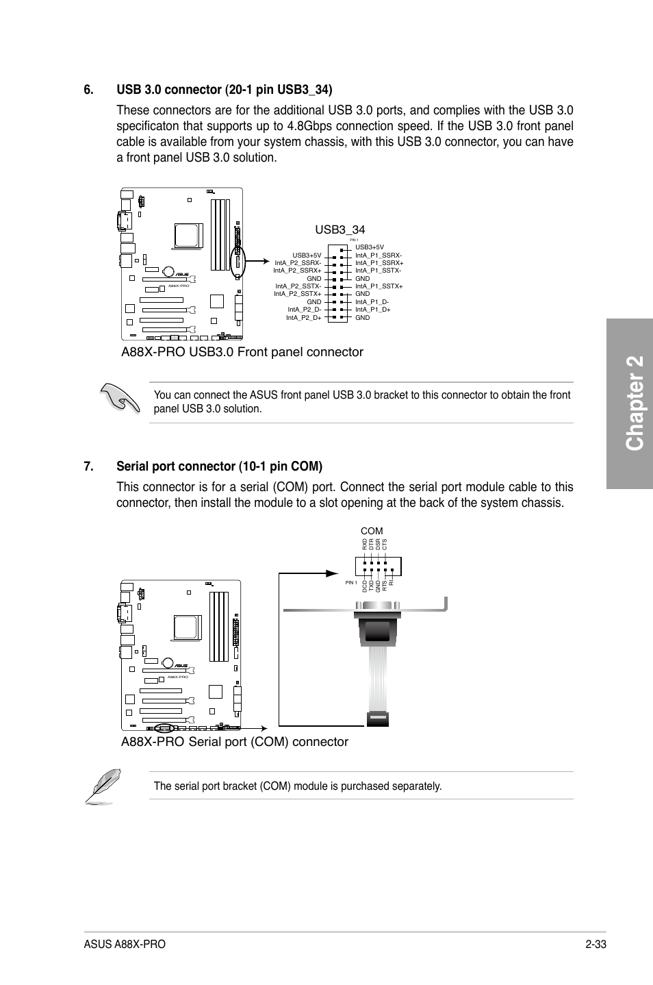 Chapter 2, A88x-pro usb3.0 front panel connector, A88x-pro serial port (com) connector | Usb3_34 | Asus A88X-PRO User Manual | Page 53 / 141