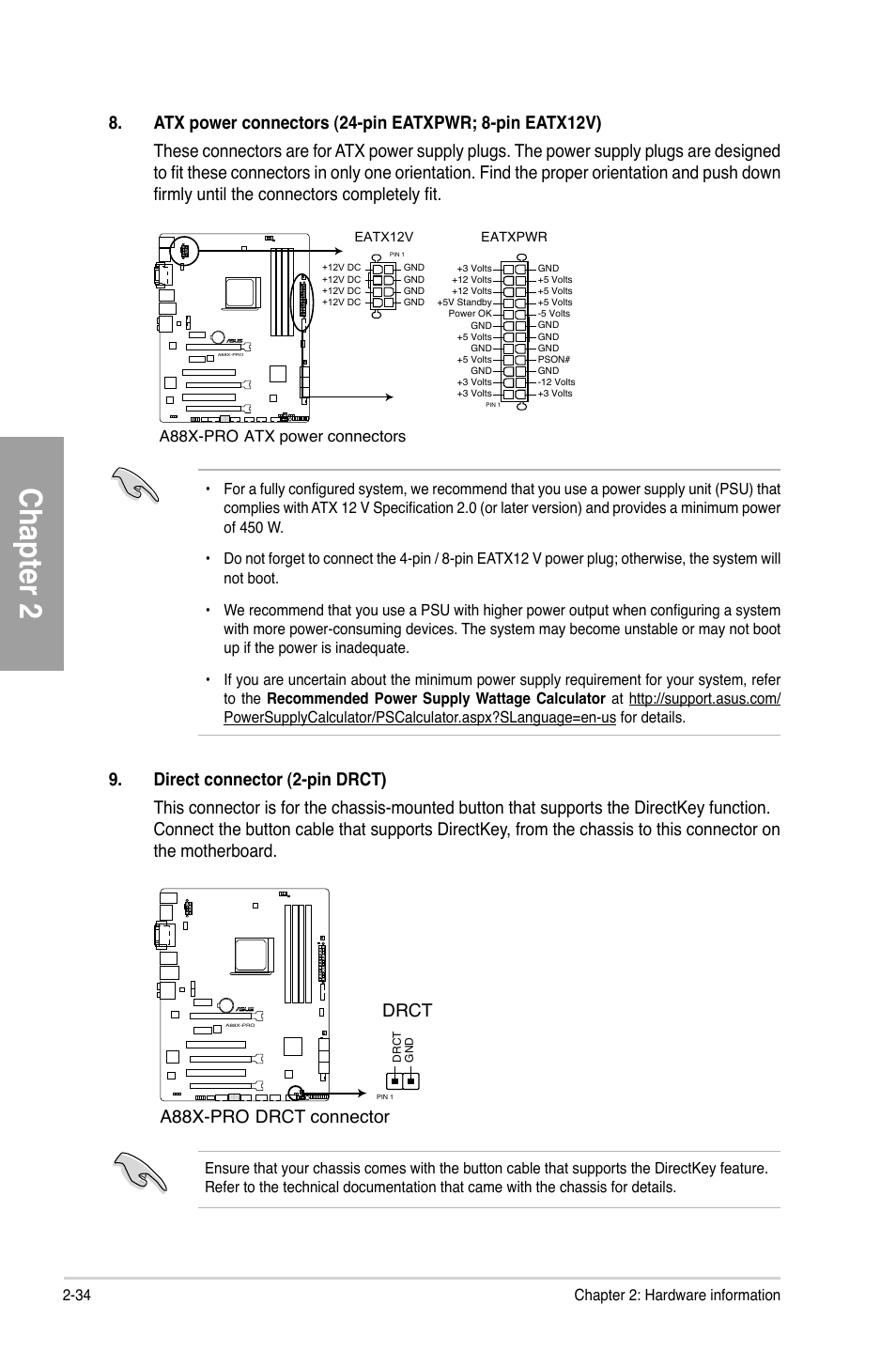 Chapter 2, Drct, A88x-pro drct connector | A88x-pro atx power connectors | Asus A88X-PRO User Manual | Page 54 / 141