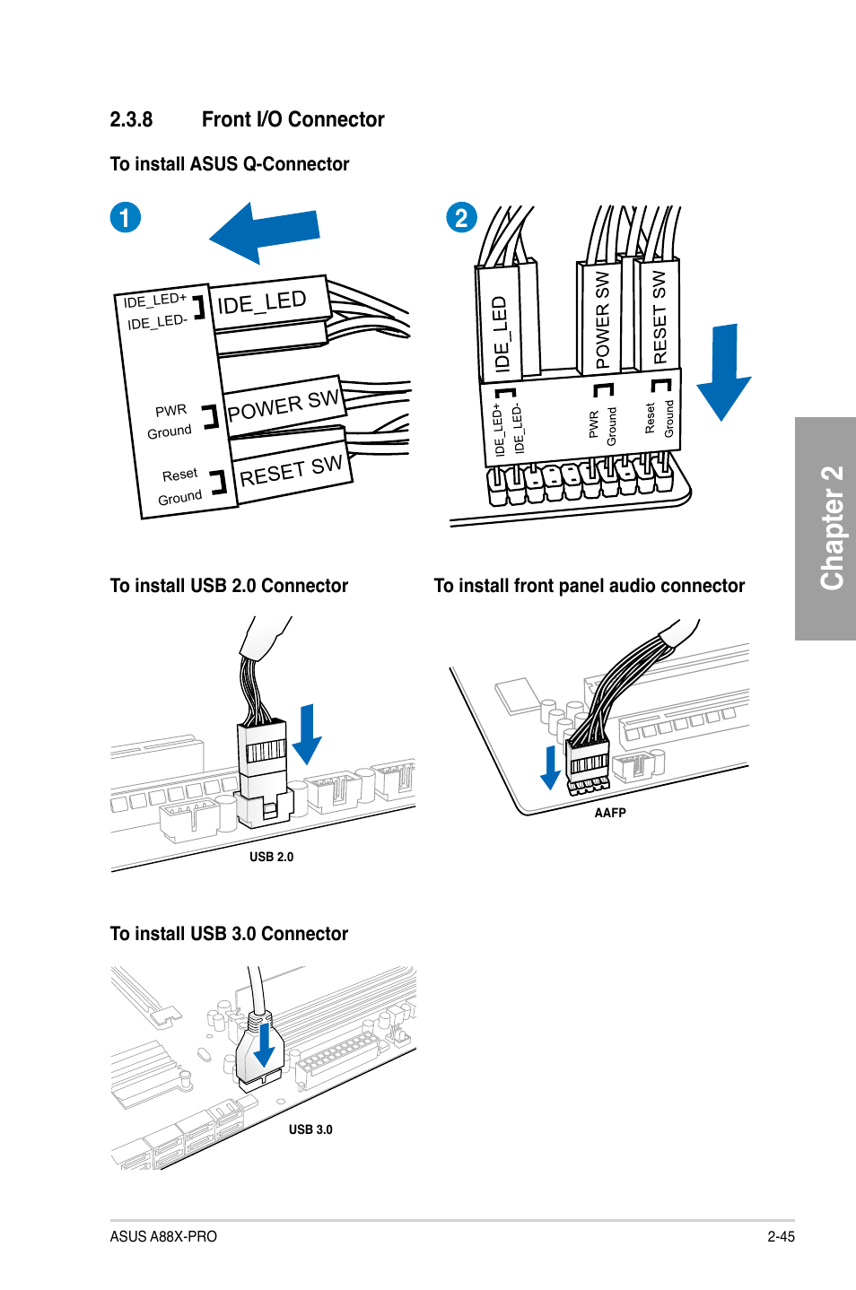 8 front i/o connector, Front i/o connector -45, Chapter 2 | Ide_led | Asus A88X-PRO User Manual | Page 65 / 141