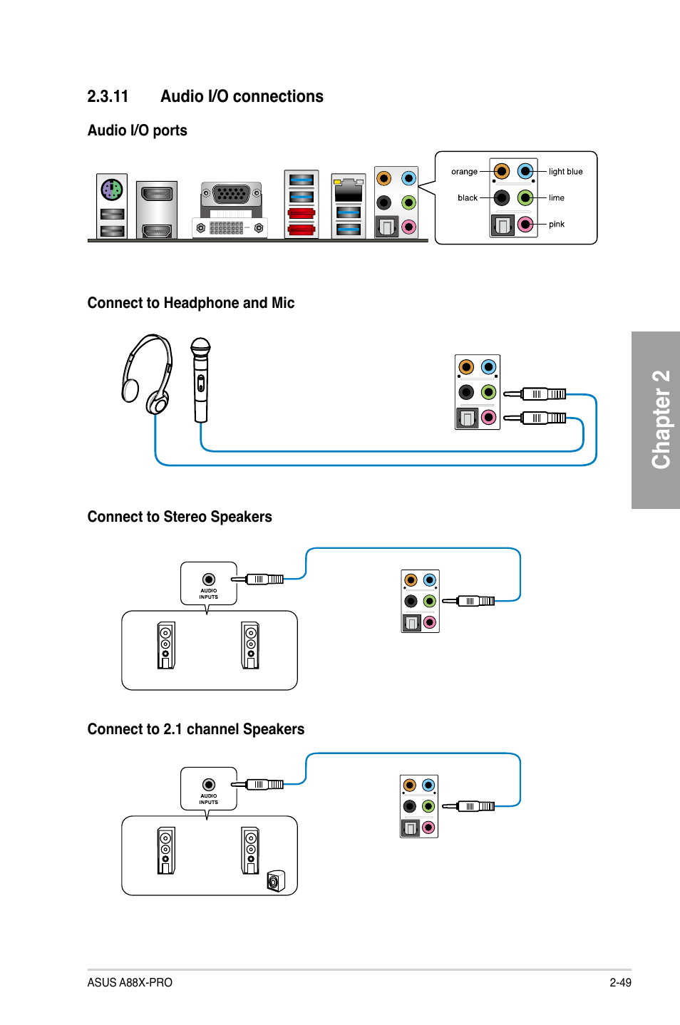 11 audio i/o connections, 11 audio i/o connections -49, Chapter 2 | Asus A88X-PRO User Manual | Page 69 / 141