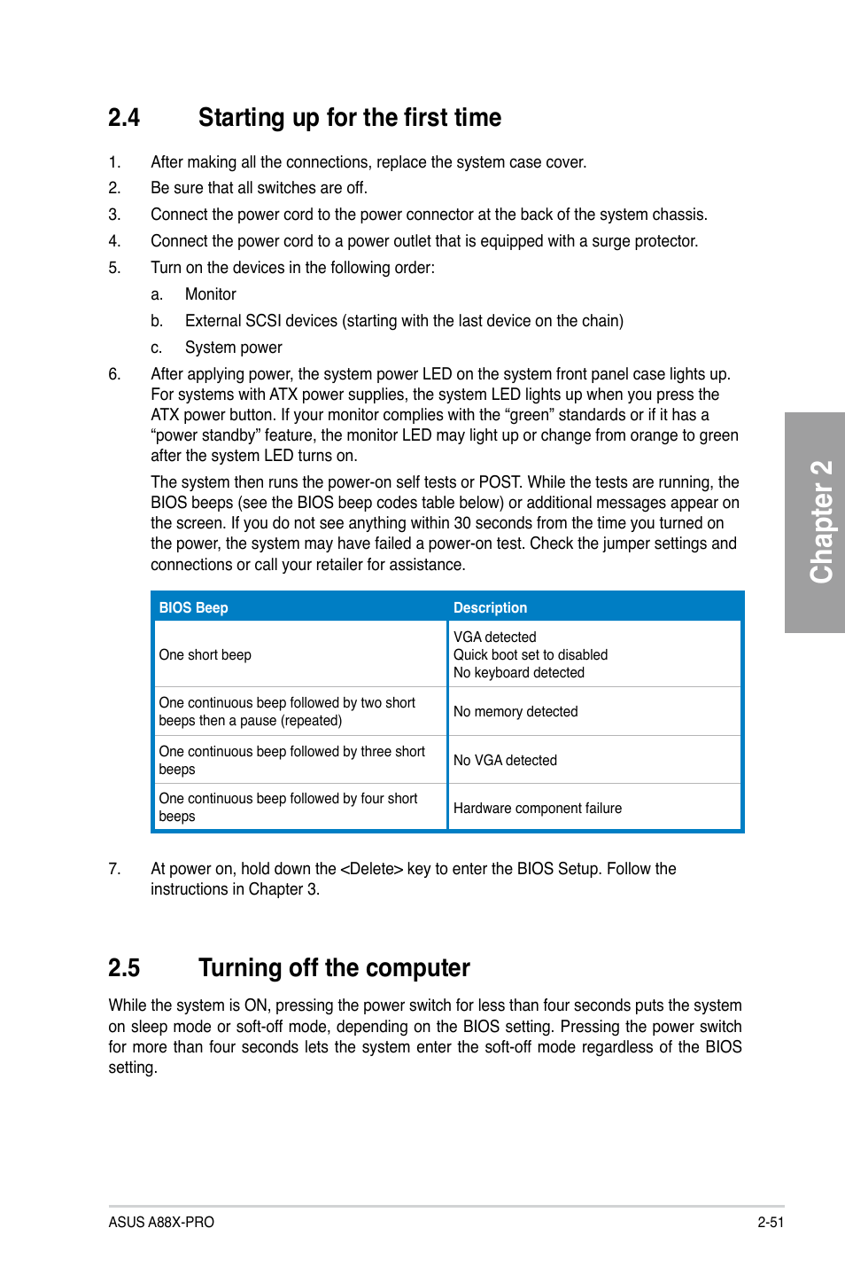 4 starting up for the first time, 5 turning off the computer, Starting up for the first time -51 | Turning off the computer -51, Chapter 2 | Asus A88X-PRO User Manual | Page 71 / 141