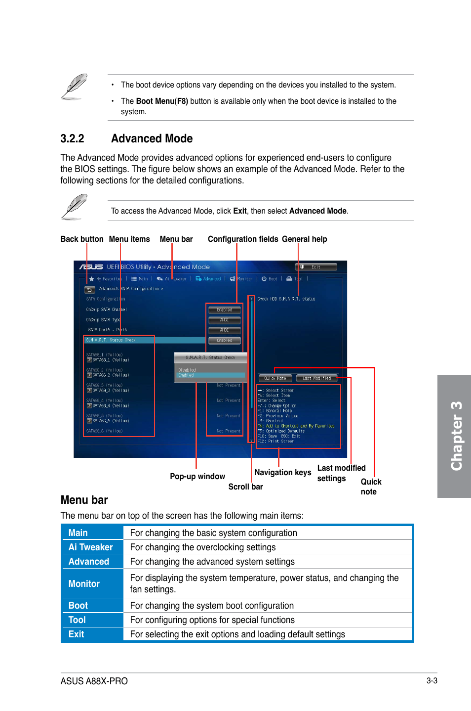 2 advanced mode, Advanced mode -3, Chapter 3 | Menu bar | Asus A88X-PRO User Manual | Page 74 / 141