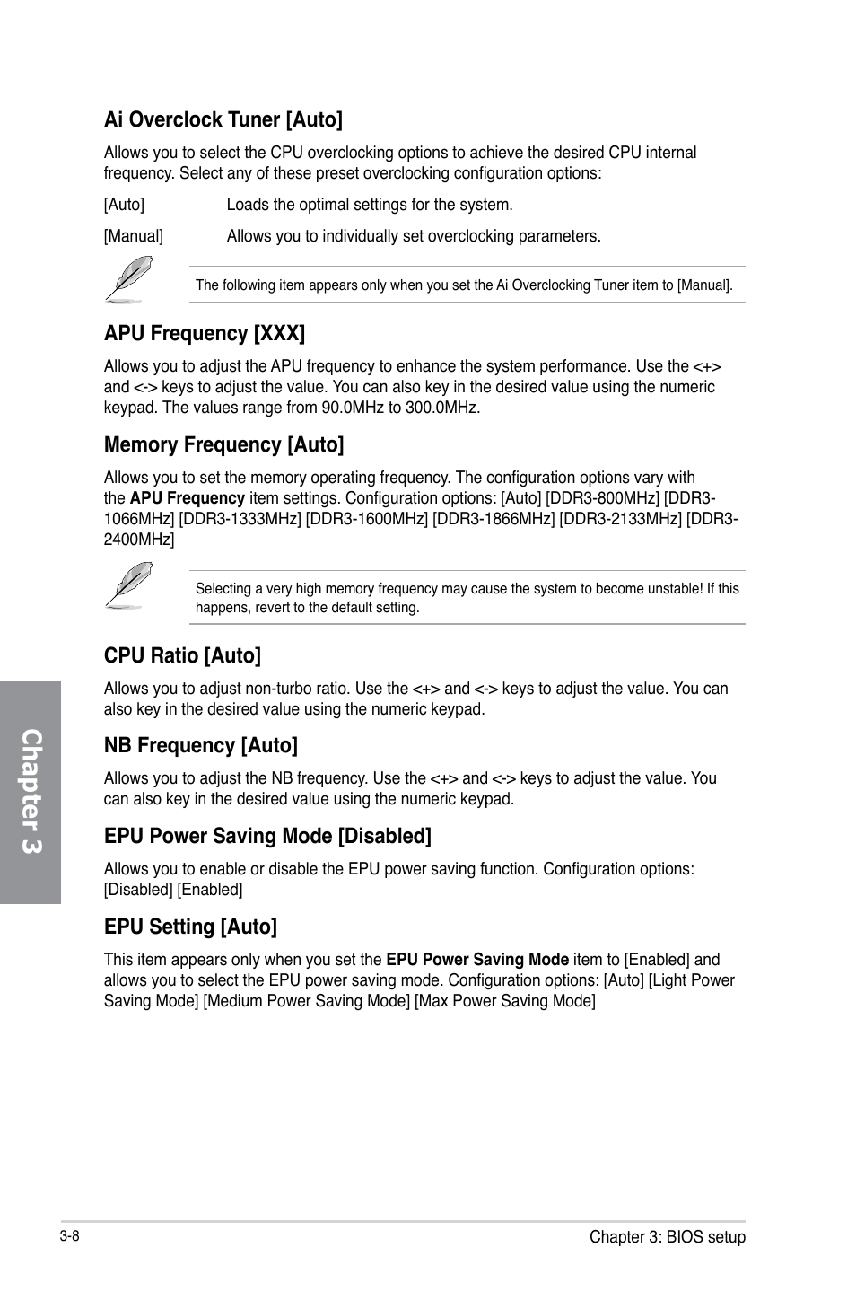 Chapter 3, Ai overclock tuner [auto, Apu frequency [xxx | Cpu ratio [auto, Nb frequency [auto, Epu power saving mode [disabled, Epu setting [auto | Asus A88X-PRO User Manual | Page 79 / 141