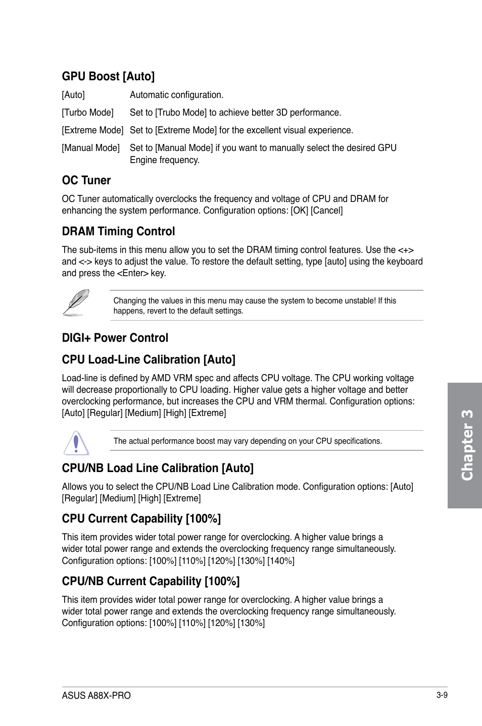 Chapter 3, Gpu boost [auto, Oc tuner | Dram timing control, Cpu/nb load line calibration [auto, Cpu current capability [100, Cpu/nb current capability [100 | Asus A88X-PRO User Manual | Page 80 / 141