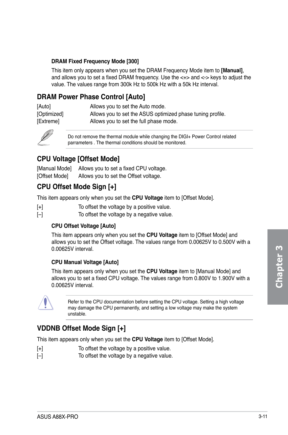 Chapter 3, Dram power phase control [auto, Cpu voltage [offset mode | Cpu offset mode sign, Vddnb offset mode sign | Asus A88X-PRO User Manual | Page 82 / 141