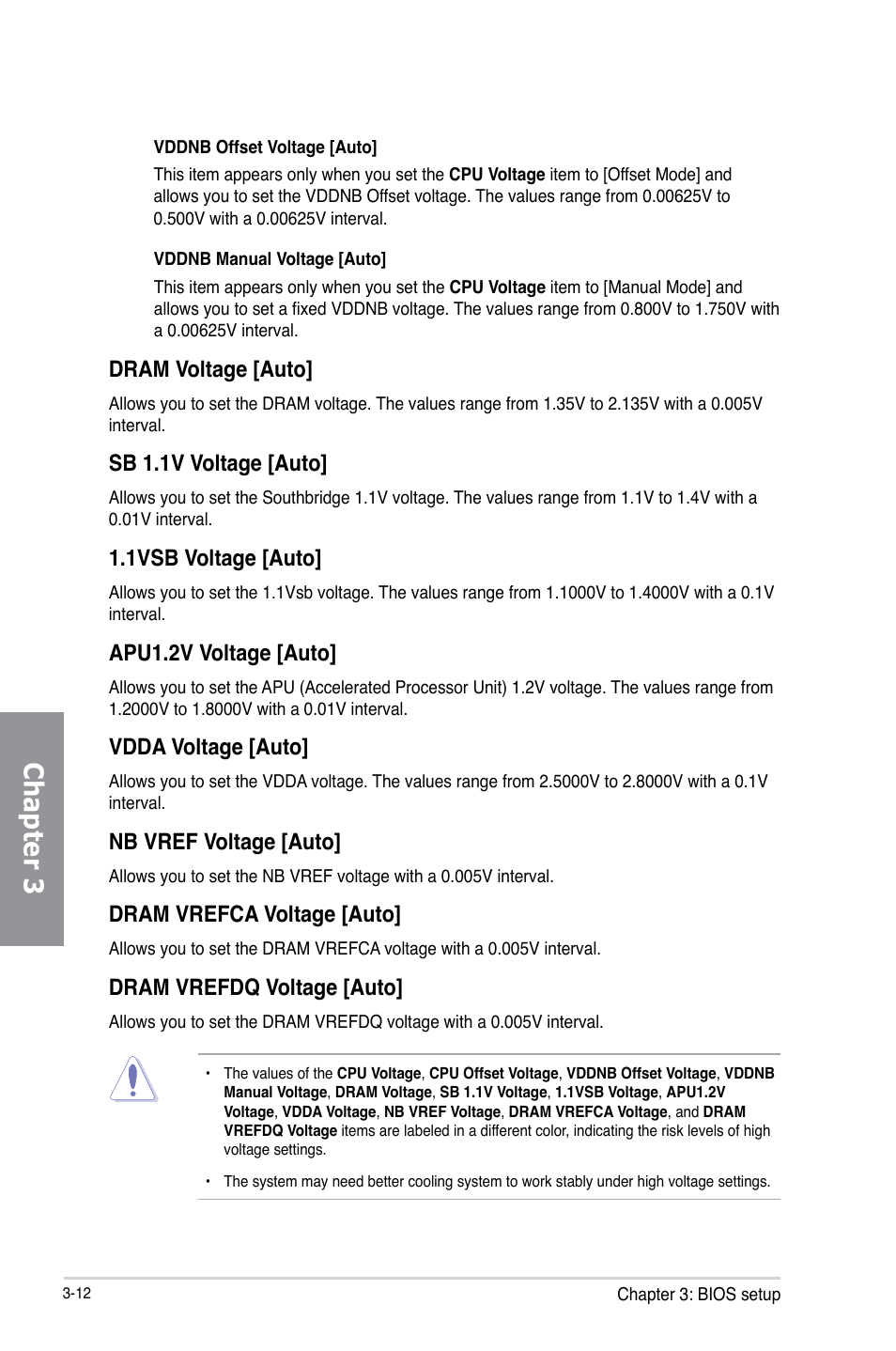 Chapter 3, Dram voltage [auto, Sb 1.1v voltage [auto | 1vsb voltage [auto, Apu1.2v voltage [auto, Vdda voltage [auto, Nb vref voltage [auto, Dram vrefca voltage [auto, Dram vrefdq voltage [auto | Asus A88X-PRO User Manual | Page 83 / 141