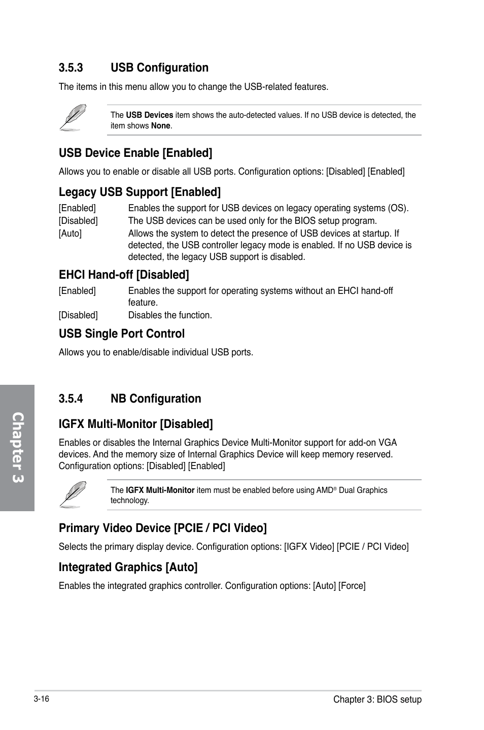 3 usb configuration, 4 nb configuration, Usb configuration -16 | Nb configuration -16, Chapter 3, Usb device enable [enabled, Legacy usb support [enabled, Ehci hand-off [disabled, Usb single port control, Igfx multi-monitor [disabled | Asus A88X-PRO User Manual | Page 87 / 141