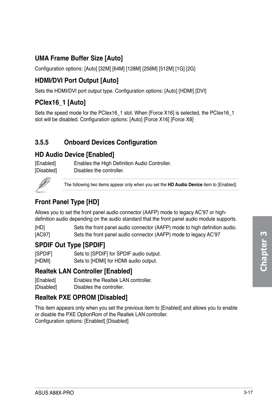 5 onboard devices configuration, Onboard devices configuration -17, Chapter 3 | Front panel type [hd, Spdif out type [spdif, Realtek lan controller [enabled, Realtek pxe oprom [disabled, Uma frame buffer size [auto, Hdmi/dvi port output [auto, Pciex16_1 [auto | Asus A88X-PRO User Manual | Page 88 / 141