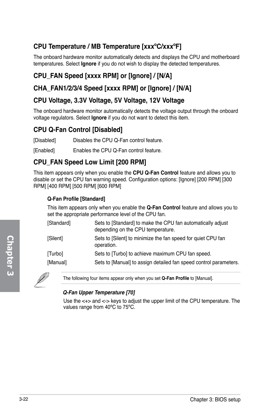 Chapter 3, Cpu temperature / mb temperature [xxxºc/xxxºf, Cpu q-fan control [disabled | Cpu_fan speed low limit [200 rpm | Asus A88X-PRO User Manual | Page 93 / 141