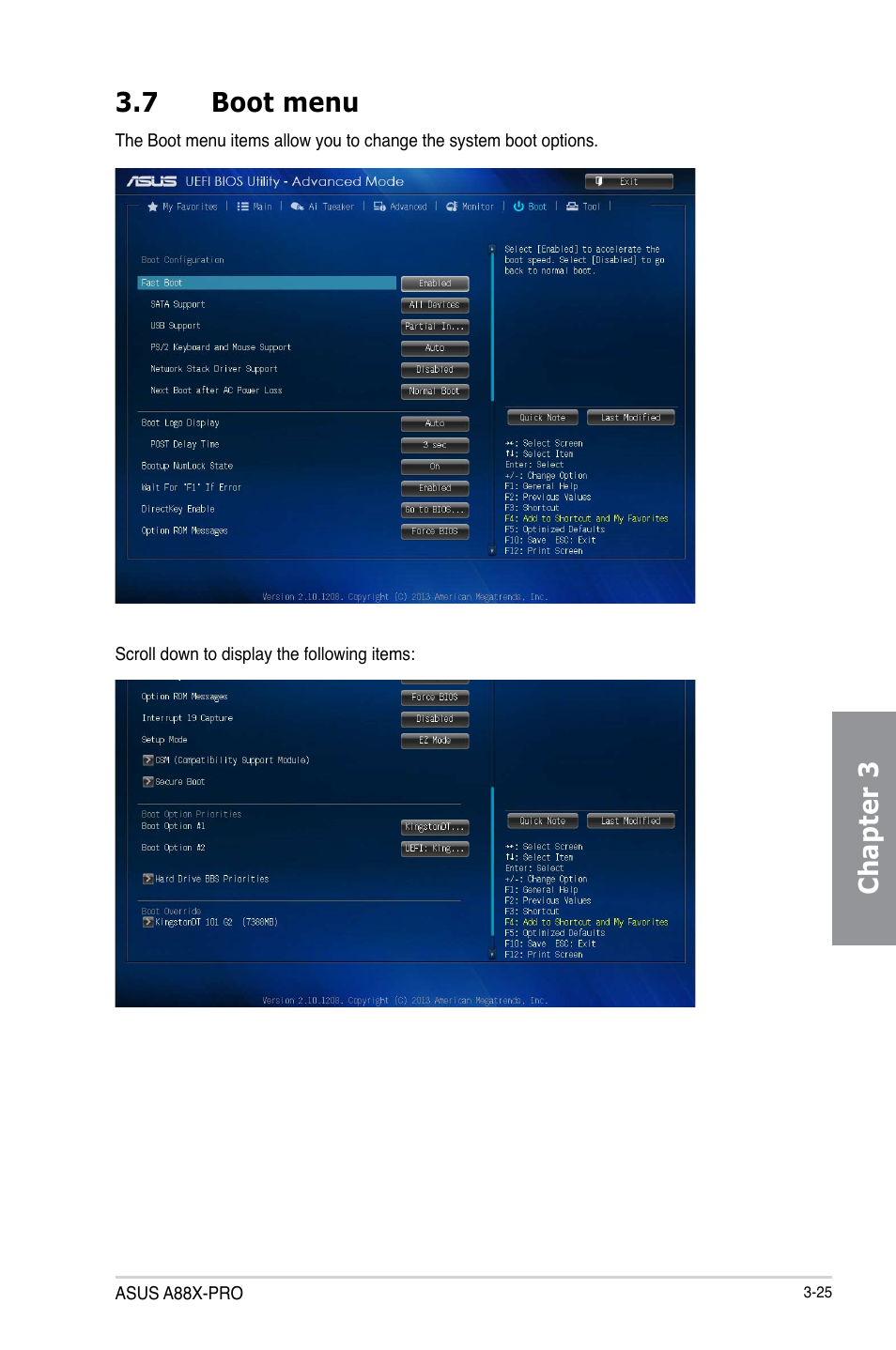 7 boot menu, Boot menu -25, Chapter 3 3.7 boot menu | Asus A88X-PRO User Manual | Page 96 / 141