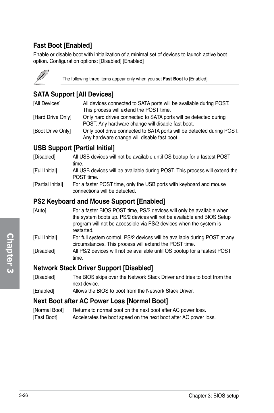 Chapter 3, Fast boot [enabled, Sata support [all devices | Usb support [partial initial, Ps2 keyboard and mouse support [enabled, Network stack driver support [disabled, Next boot after ac power loss [normal boot | Asus A88X-PRO User Manual | Page 97 / 141