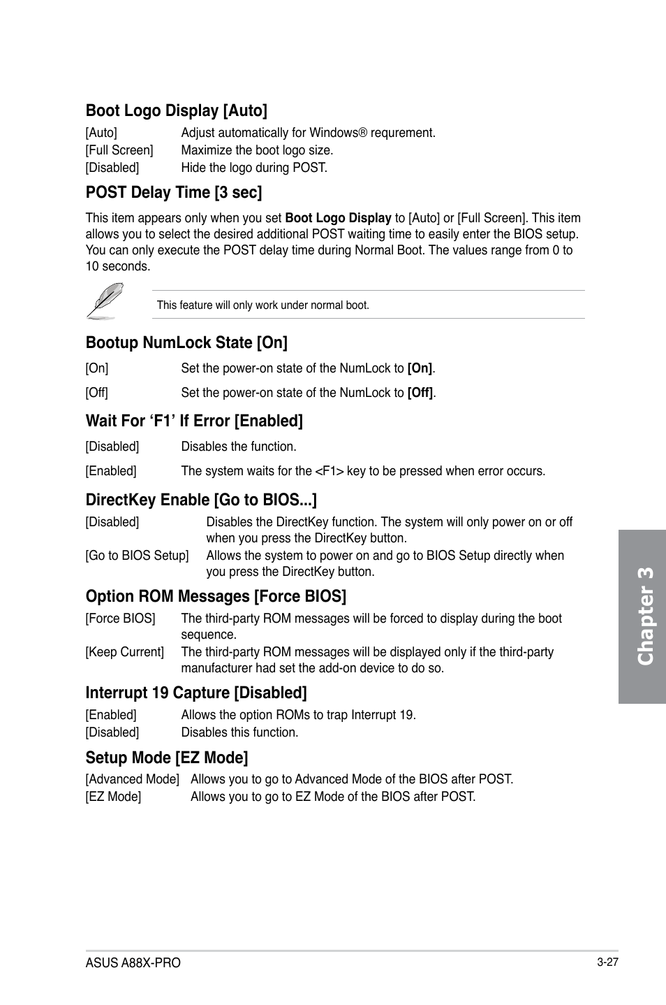 Chapter 3, Boot logo display [auto, Post delay time [3 sec | Bootup numlock state [on, Wait for ‘f1’ if error [enabled, Directkey enable [go to bios, Option rom messages [force bios, Interrupt 19 capture [disabled, Setup mode [ez mode | Asus A88X-PRO User Manual | Page 98 / 141