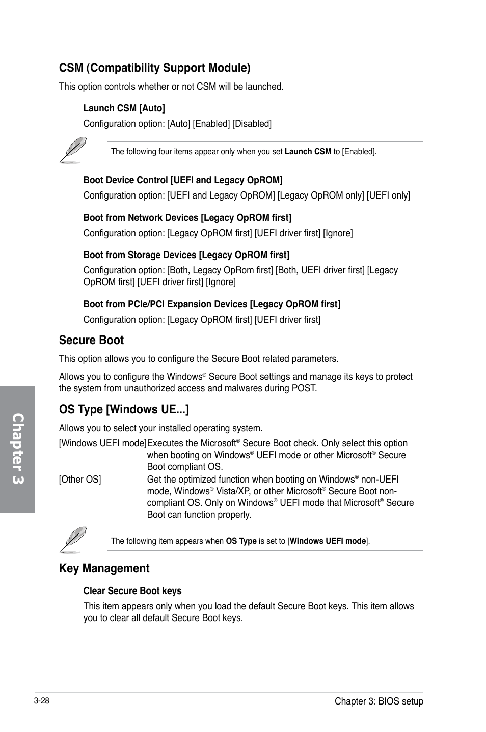 Chapter 3, Csm (compatibility support module), Secure boot | Os type [windows ue, Key management | Asus A88X-PRO User Manual | Page 99 / 141