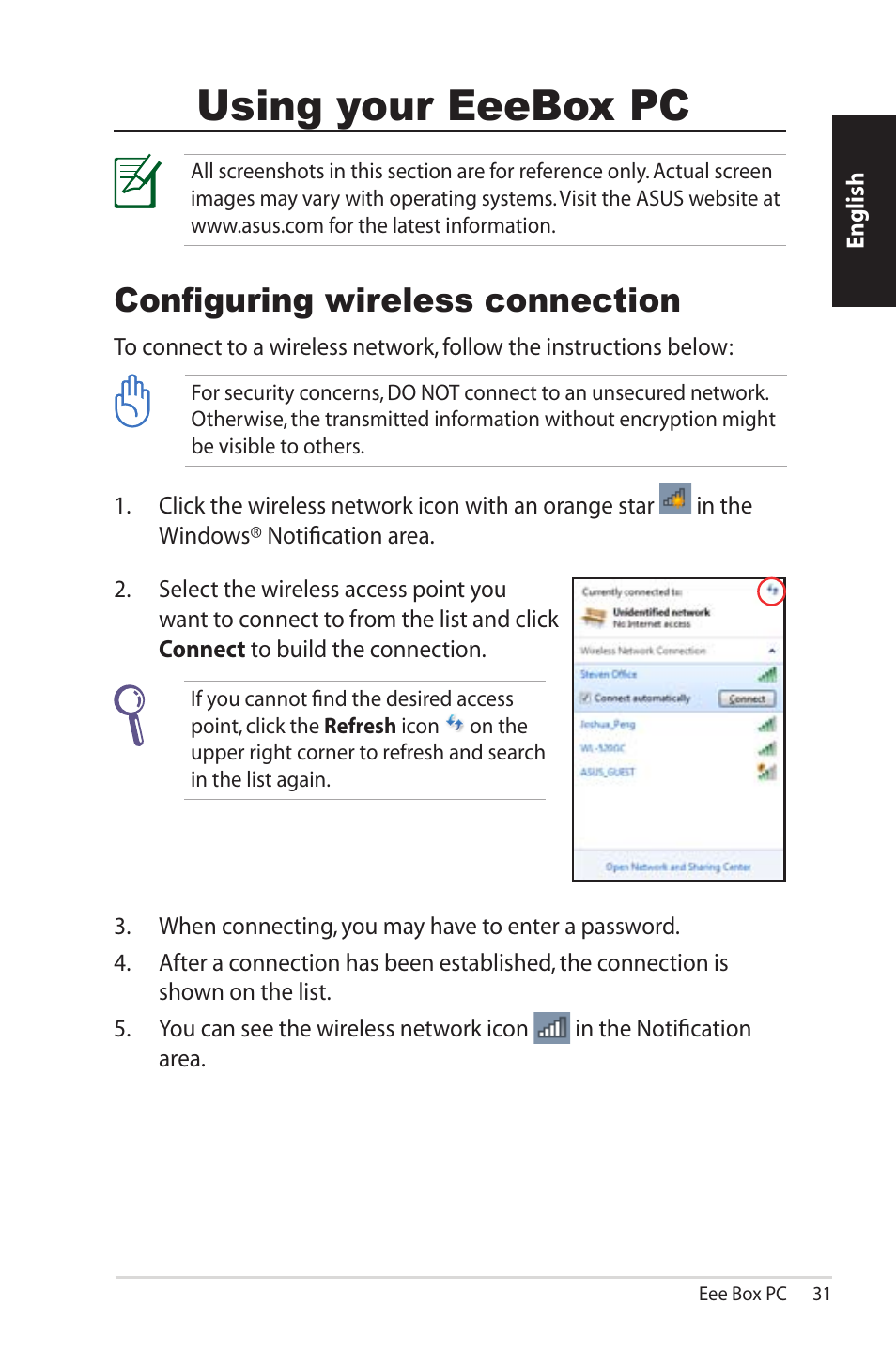 Using your eeebox pc, Configuring wireless connection | Asus EB1012 User Manual | Page 31 / 95