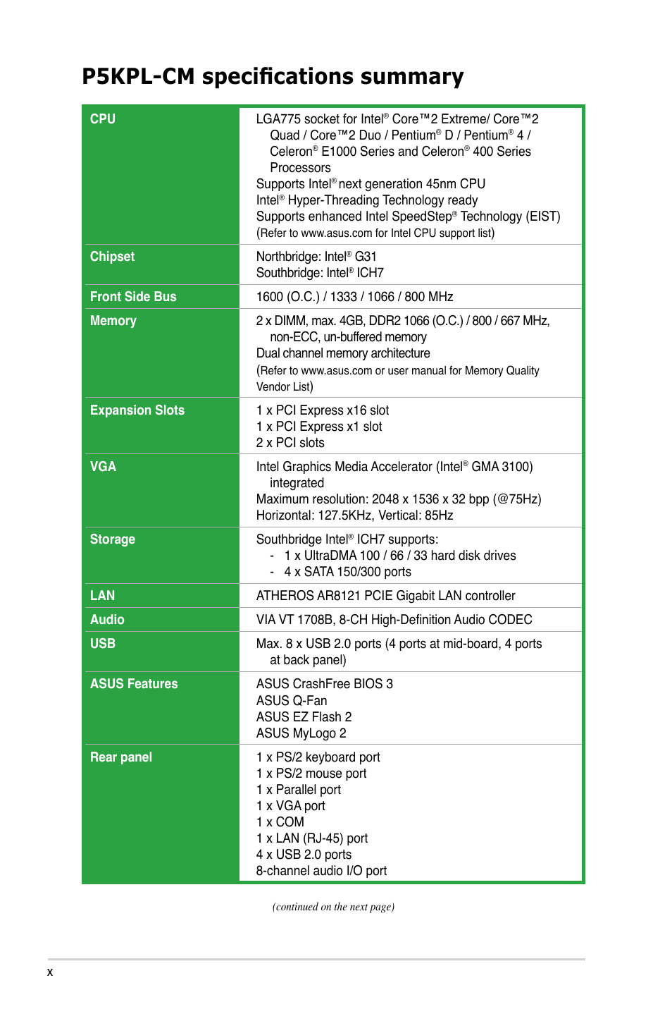 P5kpl-cm specifications summary | Asus P5KPL-CM User Manual | Page 10 / 88