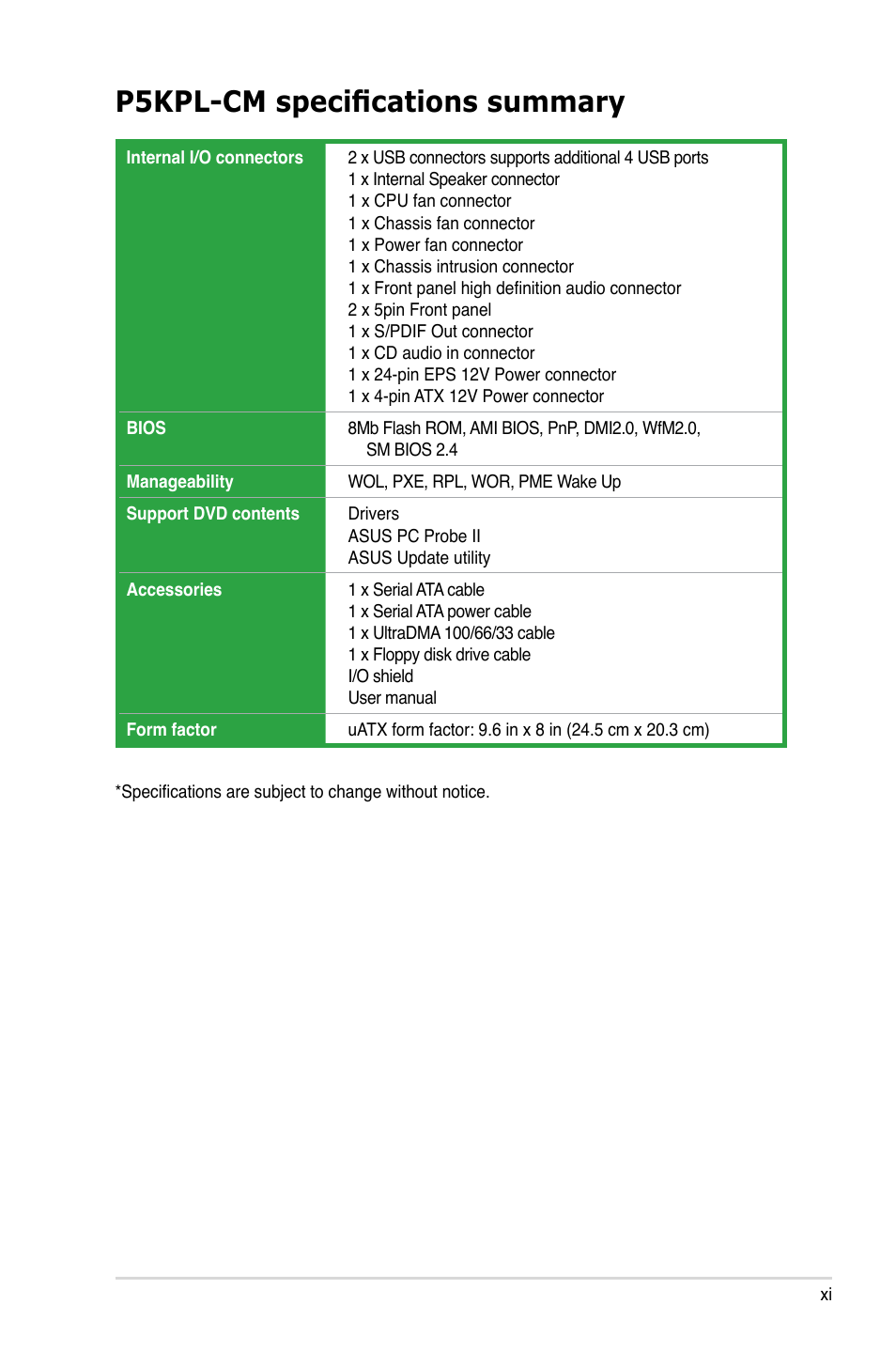 P5kpl-cm specifications summary | Asus P5KPL-CM User Manual | Page 11 / 88