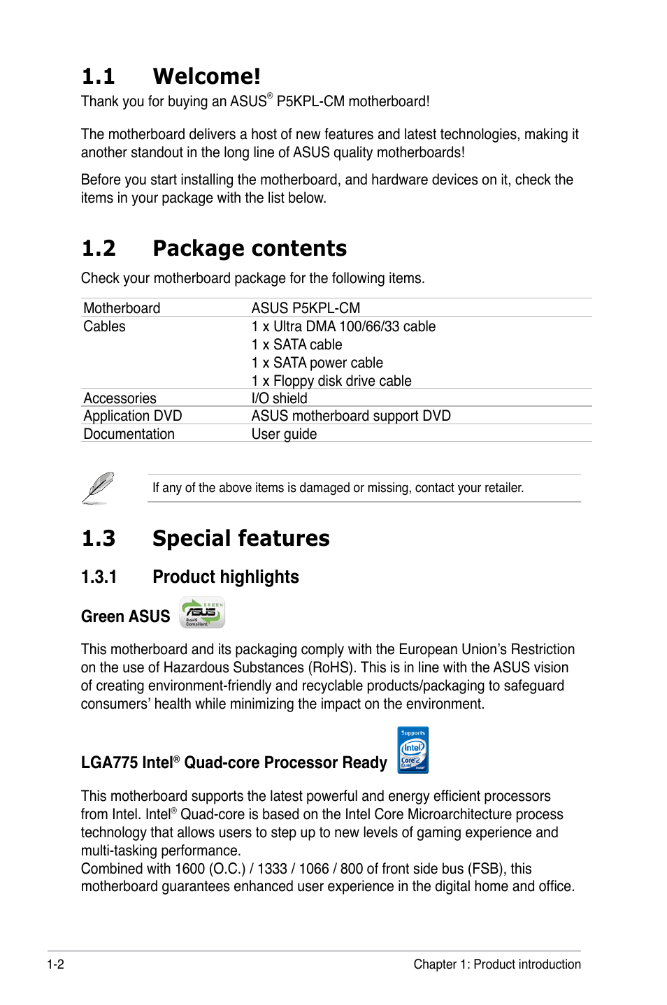 1 welcome, 2 package contents, 3 special features | 1 product highlights | Asus P5KPL-CM User Manual | Page 14 / 88