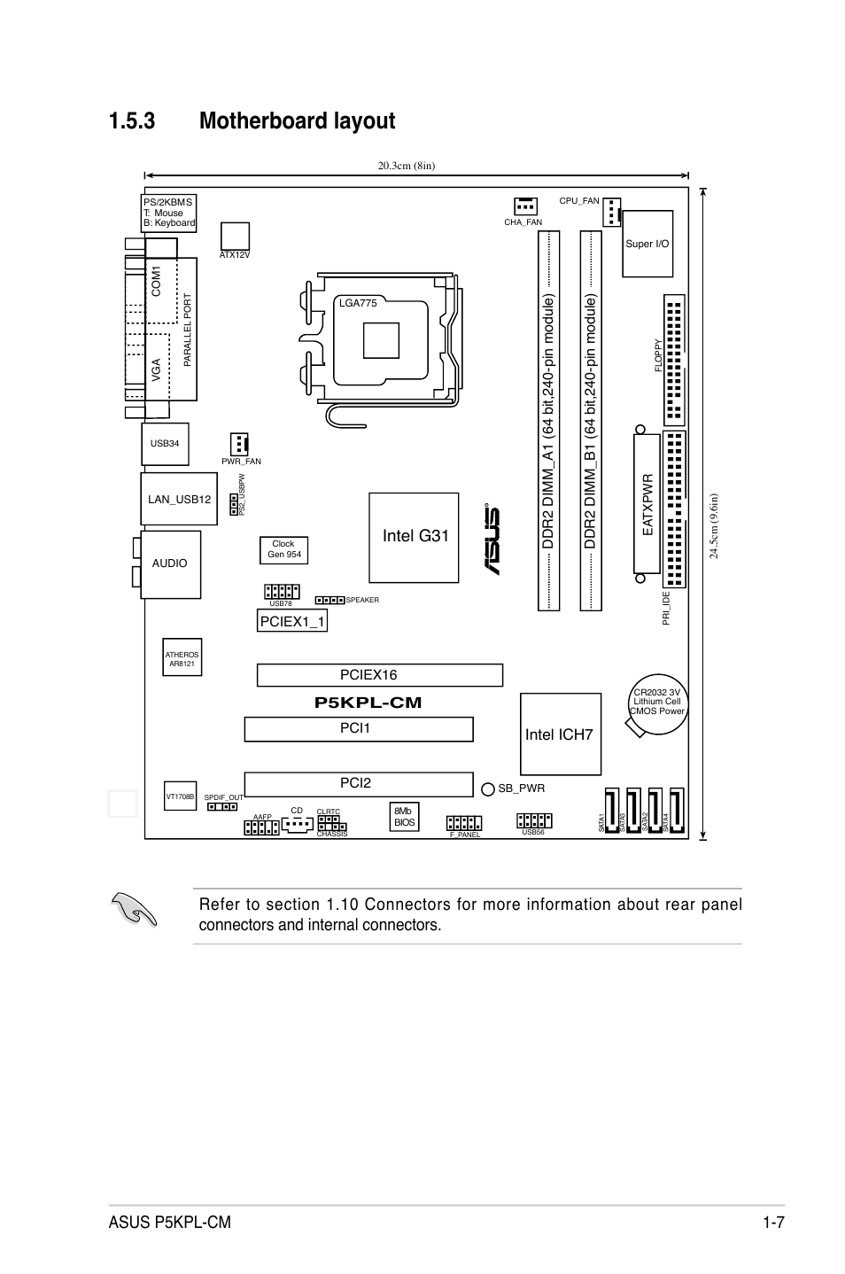 3 motherboard layout, Asus p5kpl-cm 1-7, Intel g31 | Intel ich7, P5kpl-cm | Asus P5KPL-CM User Manual | Page 19 / 88