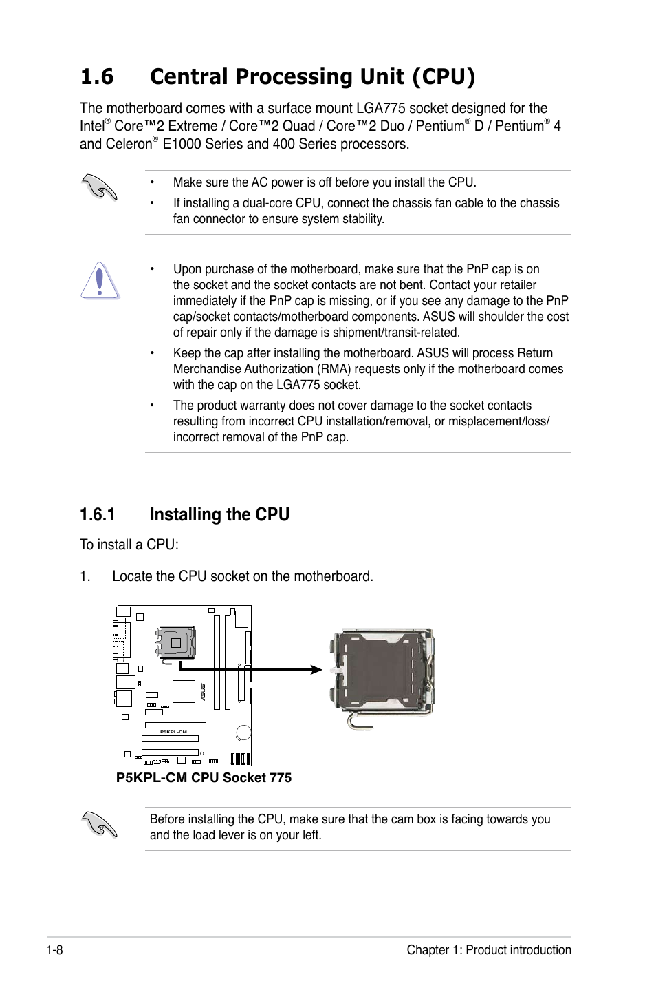 6 central processing unit (cpu), 1 installing the cpu | Asus P5KPL-CM User Manual | Page 20 / 88