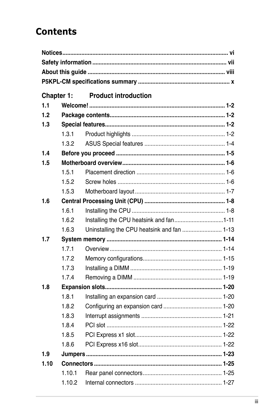 Asus P5KPL-CM User Manual | Page 3 / 88