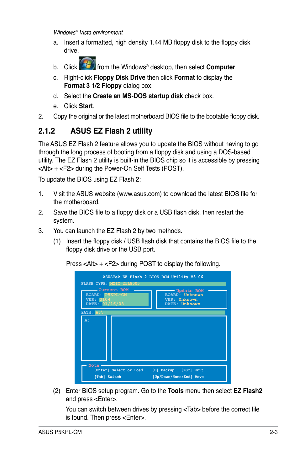 2 asus ez flash 2 utility | Asus P5KPL-CM User Manual | Page 49 / 88