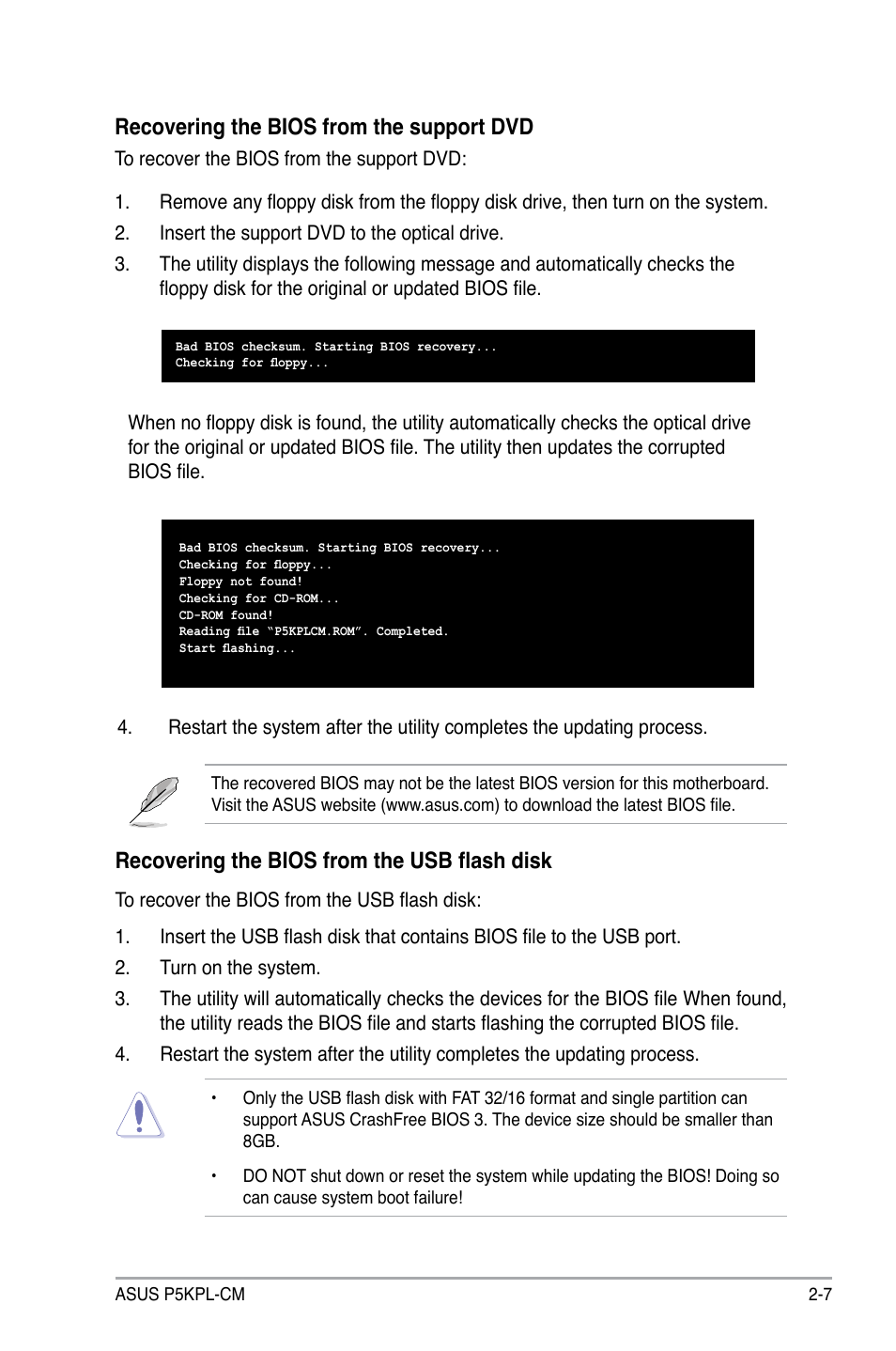Recovering the bios from the support dvd, Recovering the bios from the usb flash disk | Asus P5KPL-CM User Manual | Page 53 / 88