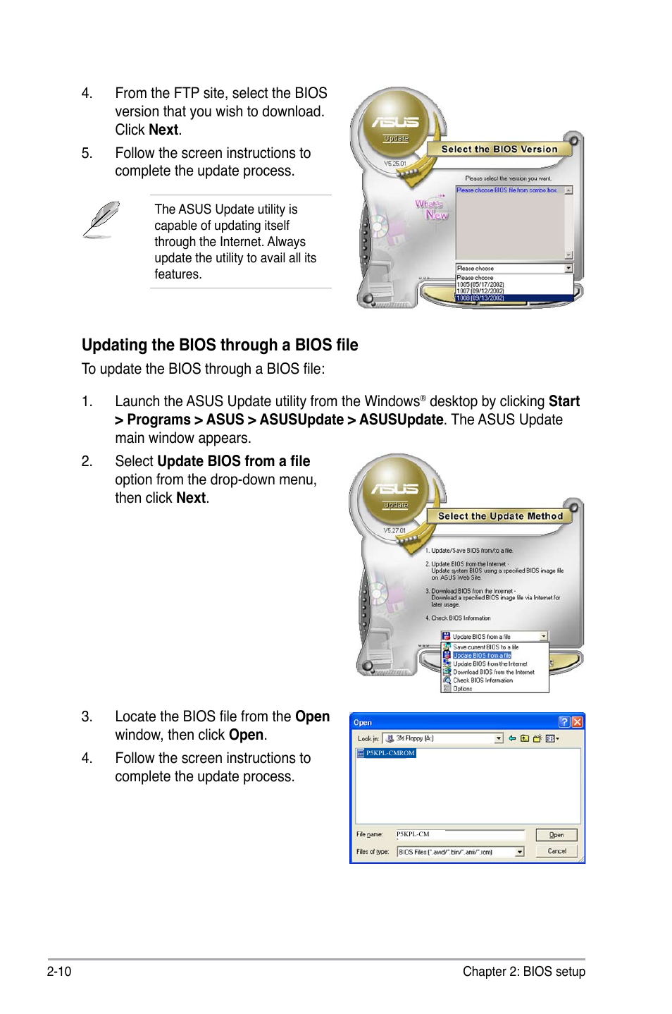 Updating the bios through a bios file | Asus P5KPL-CM User Manual | Page 56 / 88