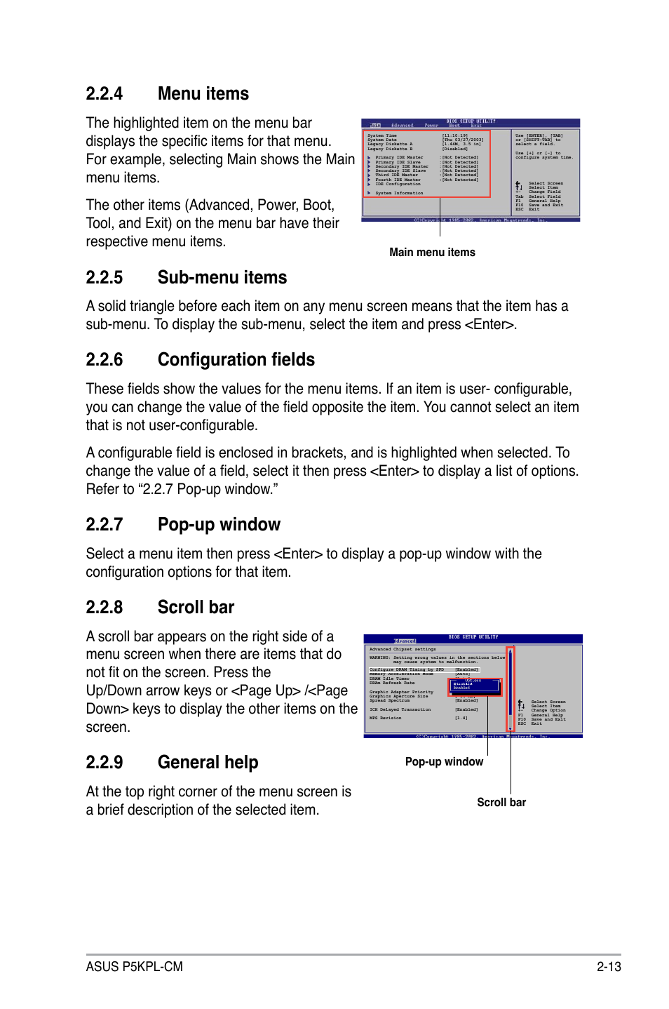 4 menu items, 5 sub-menu items, 6 configuration fields | 7 pop-up window, 8 scroll bar, 9 general help, Asus p5kpl-cm 2-13 | Asus P5KPL-CM User Manual | Page 59 / 88