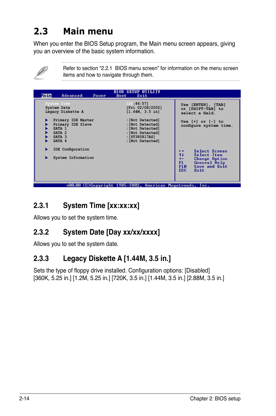 3 main menu, 1 system time [xx:xx:xx | Asus P5KPL-CM User Manual | Page 60 / 88