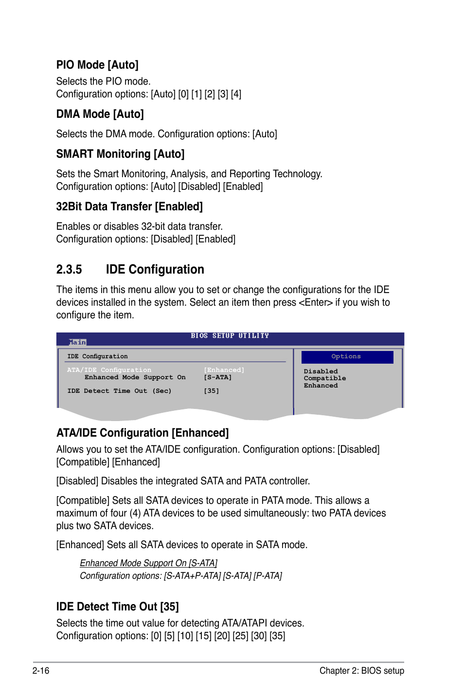 5 ide configuration, Pio mode [auto, Dma mode [auto | Smart monitoring [auto, 32bit data transfer [enabled, Ata/ide configuration [enhanced, Ide detect time out [35 | Asus P5KPL-CM User Manual | Page 62 / 88