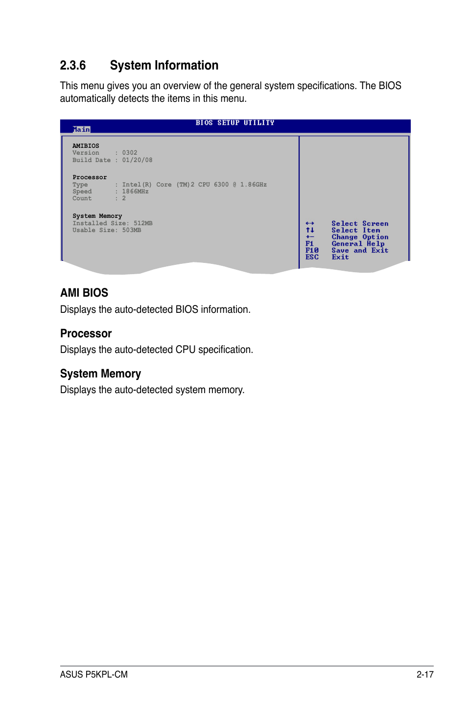 6 system information, Ami bios, Processor | Asus P5KPL-CM User Manual | Page 63 / 88