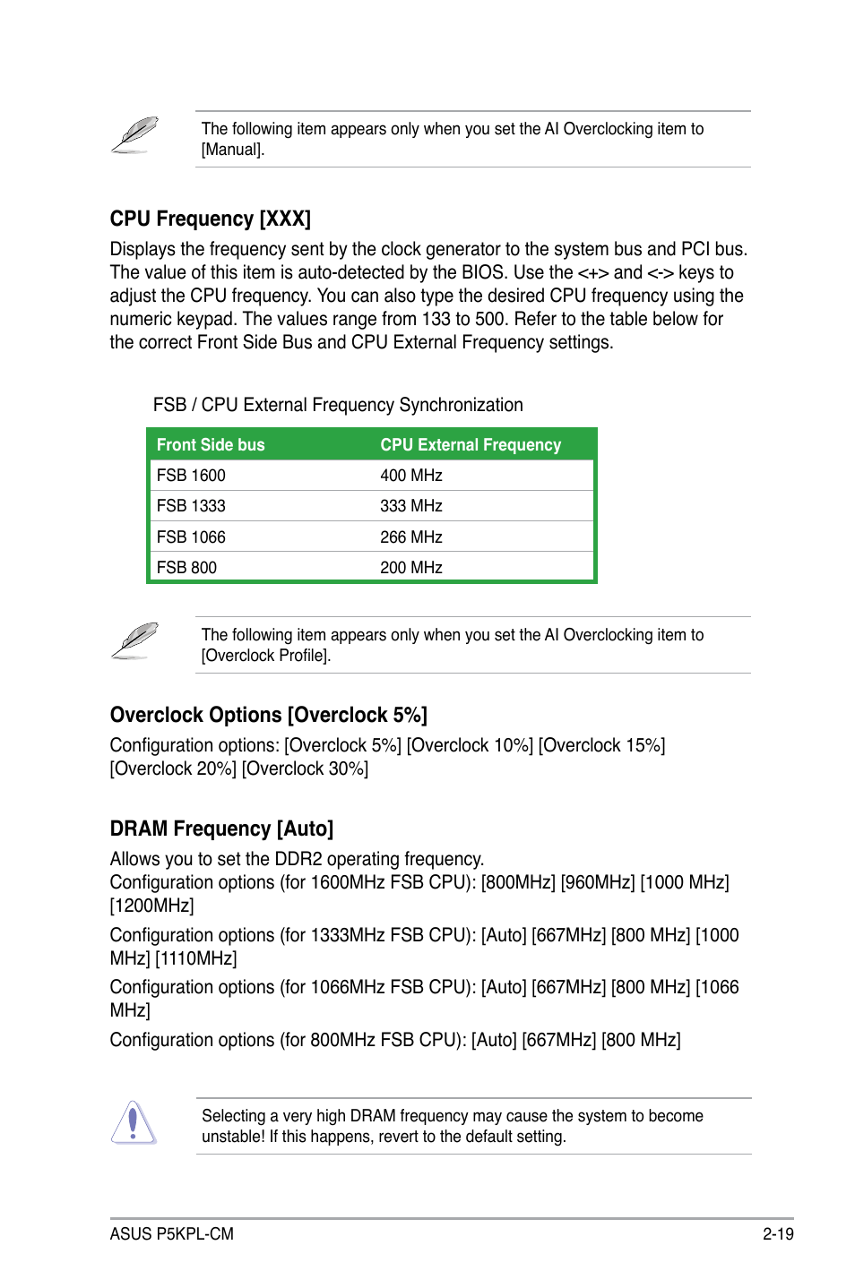 Dram frequency [auto, Cpu frequency [xxx, Overclock options [overclock 5 | Asus P5KPL-CM User Manual | Page 65 / 88