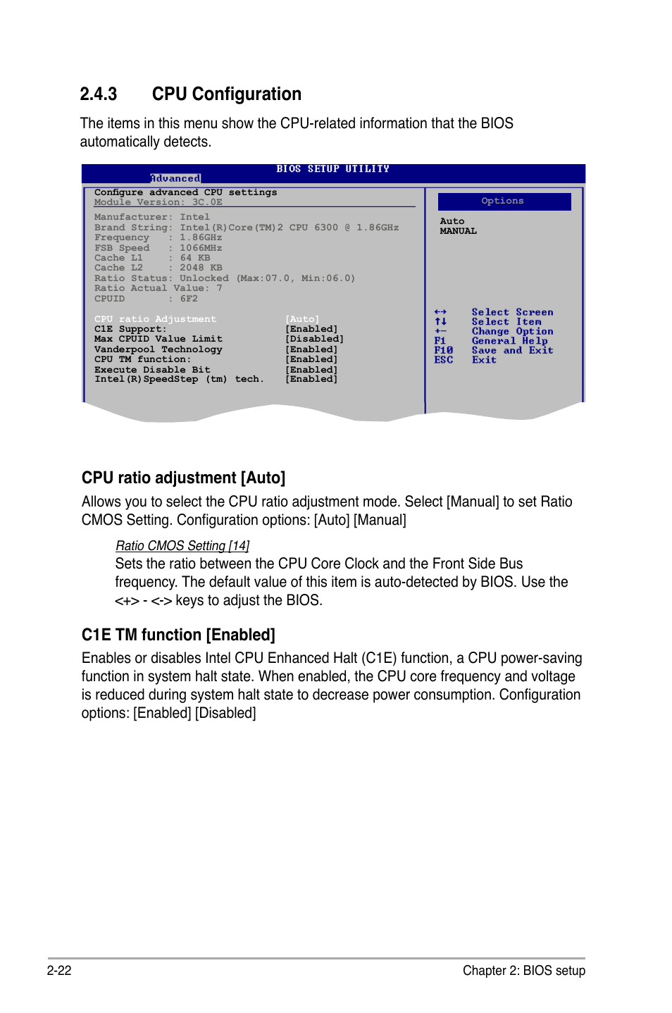 3 cpu configuration, Cpu ratio adjustment [auto, C1e tm function [enabled | Asus P5KPL-CM User Manual | Page 68 / 88