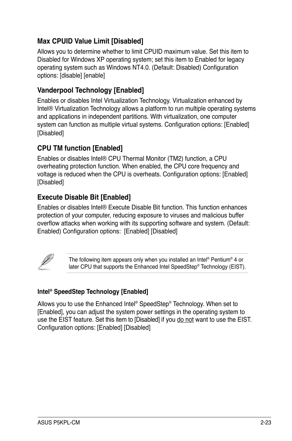 Max cpuid value limit [disabled, Vanderpool technology [enabled, Cpu tm function [enabled | Execute disable bit [enabled | Asus P5KPL-CM User Manual | Page 69 / 88