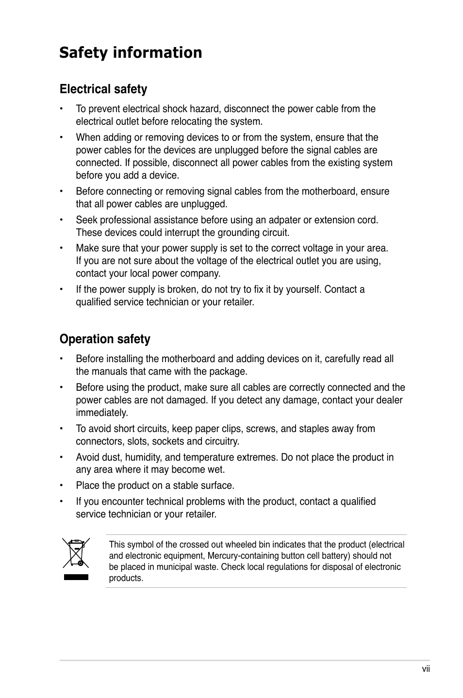 Safety information, Electrical safety, Operation safety | Asus P5KPL-CM User Manual | Page 7 / 88