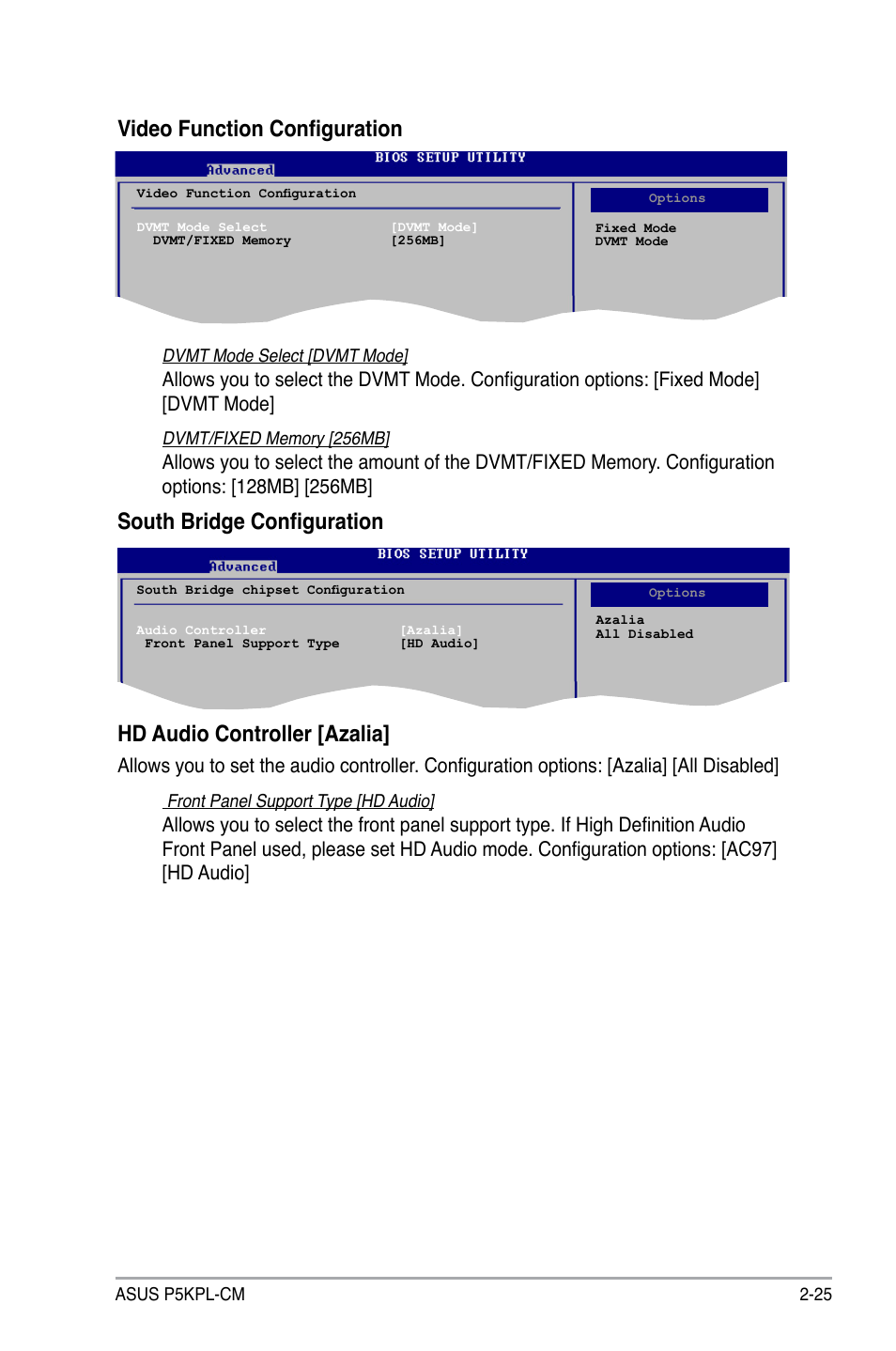 Video function configuration, South bridge configuration, Hd audio controller [azalia | Asus P5KPL-CM User Manual | Page 71 / 88